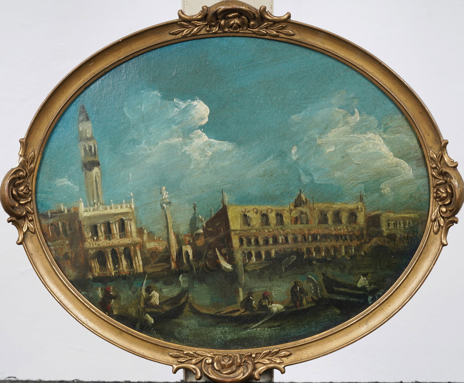 Antique Italian Venetian Canal Scene in Giltwood Oval Frame Original Oil Painting (1 of 6)
