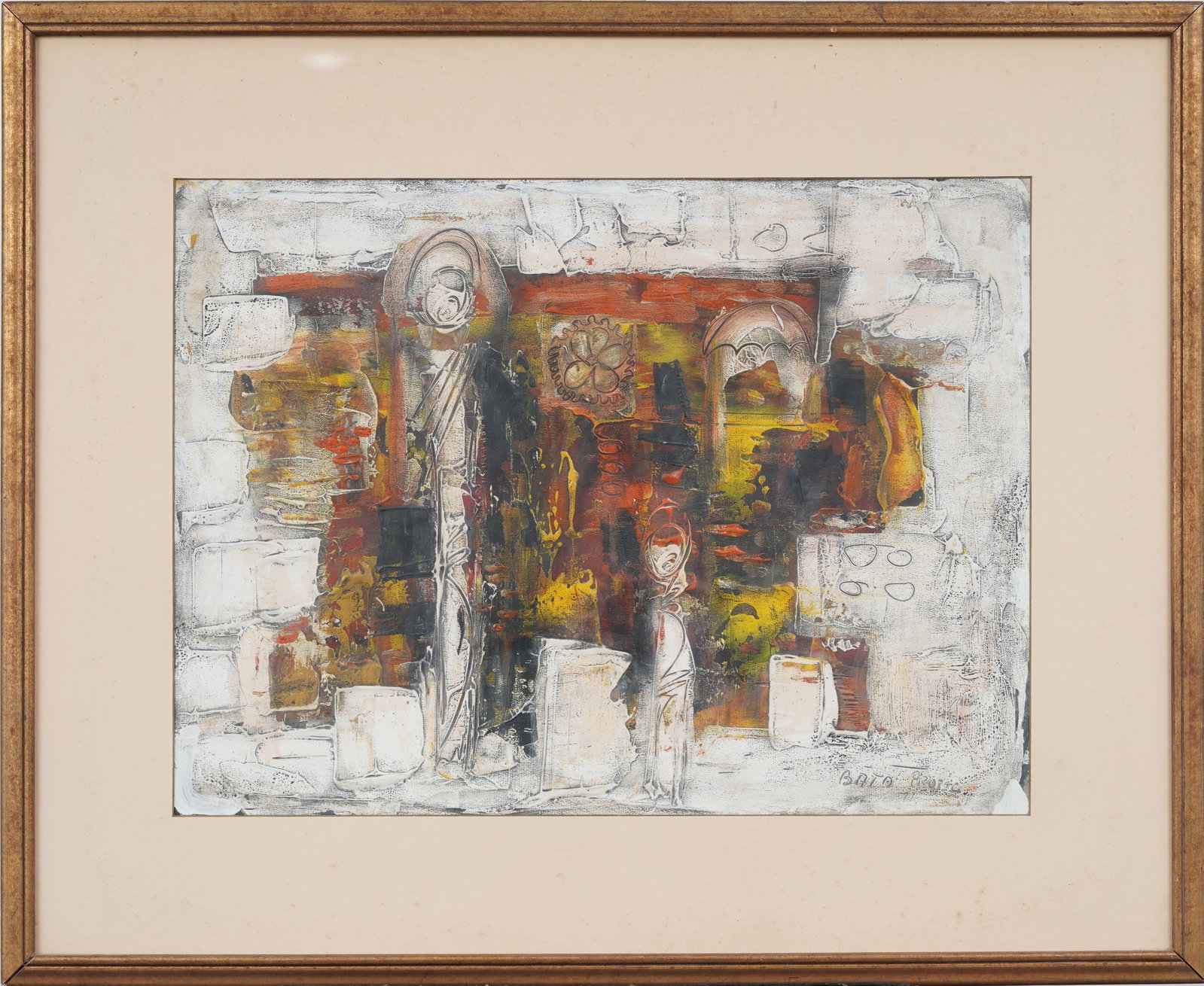 Bata Protic (1922-1999) Serbian Midcentury Abstract Signed Oil Painting: Vintage Serbian oil painting. Measuring: 27 by 33 inches overall, and 17.5 by 23.25 painting alone. Please see all images for condition. Size is measured and written on the back of the painting or nex