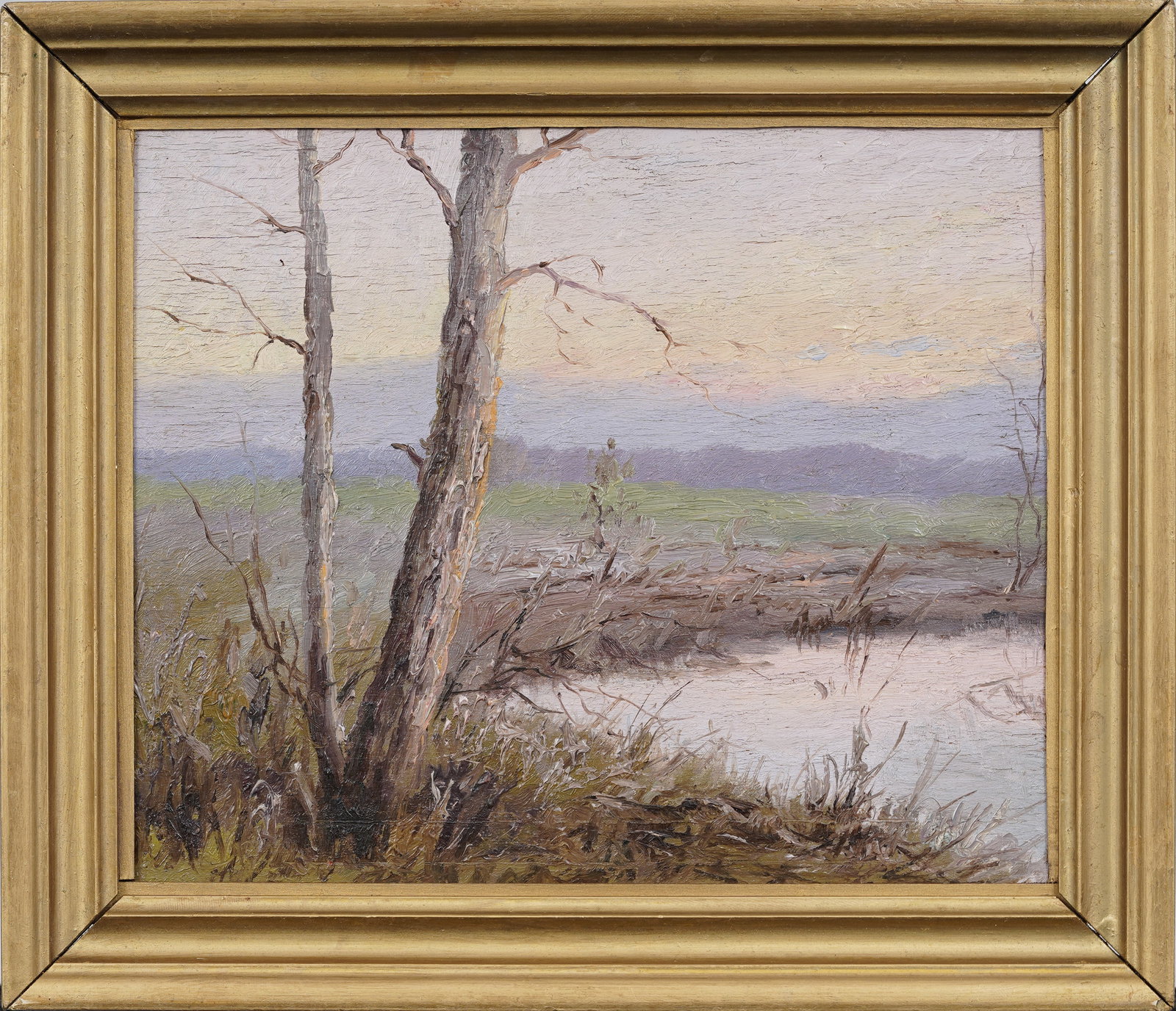 Vintage American Winter Marsh Landscape Original Framed Oil Painting: Framed, vintage American oil painting on board. Measuring: 12 by 14 inches overall, and 10 by 12 painting alone. Please see all images for condition. Size is measured and written on the back of the pa