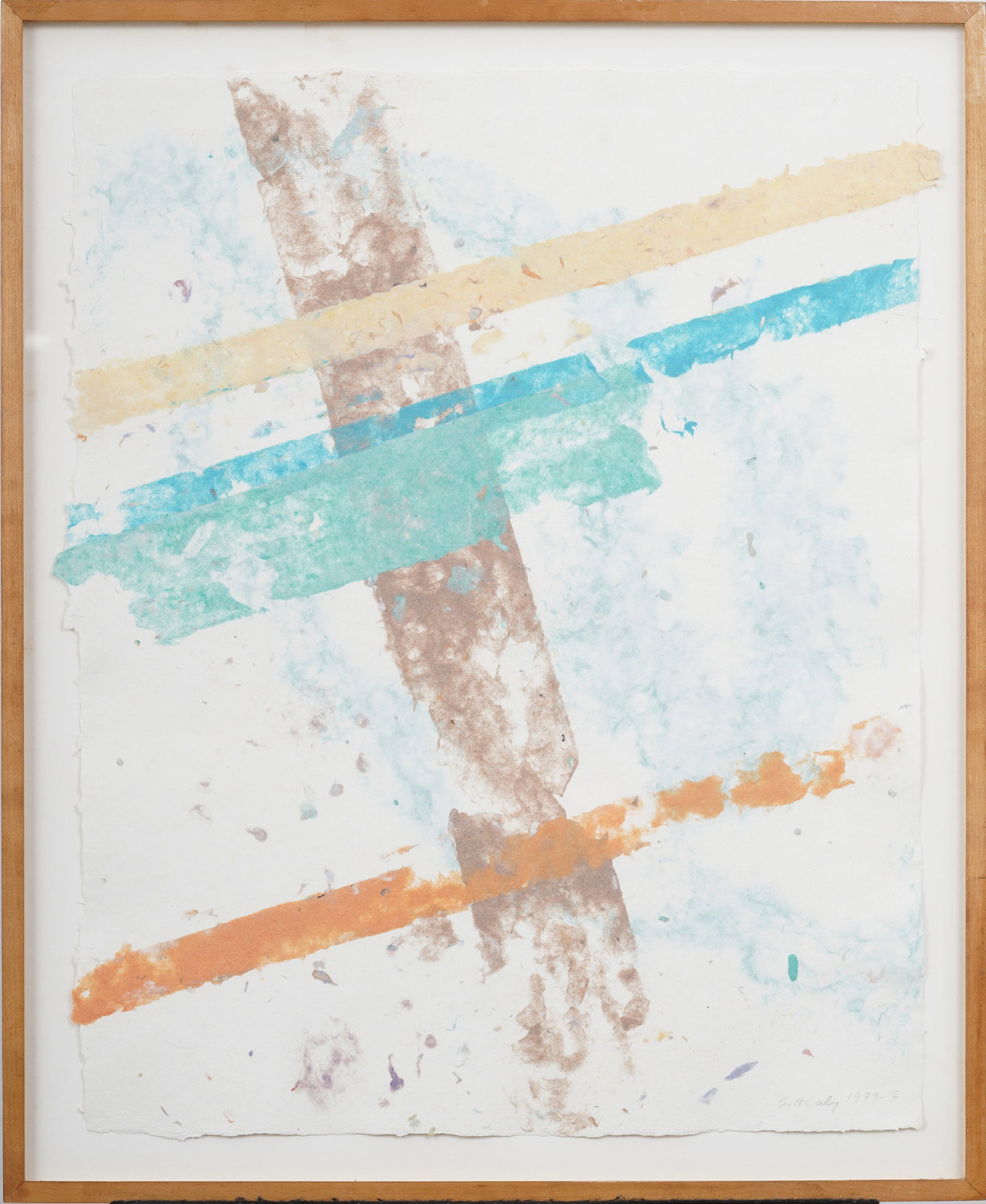 Framed Vintage American Abstract Minimalist Original Oil Painting on Paper Signed "S. Healy 79": Signed, framed vintage American oil painting on paper. Measuring: 28 by 23 inches overall, and 24 1/4 by 19 painting alone. Please see all images for condition. Size is measured and written on the bac