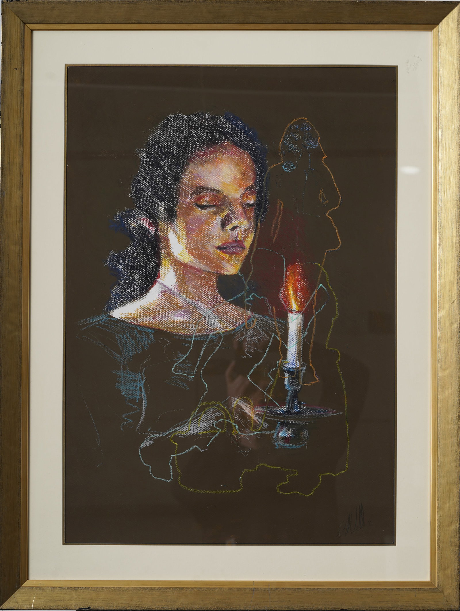 Framed Vintage American Surreal Original Oil Pastel Candlelit Woman Portrait: Framed, vintage American oil pastel drawing on paper. Measuring: 38 by 28 inches overall, and 29 1/2 by 20 1/2 painting alone. Please see all images for condition. Size is measured and written on the 