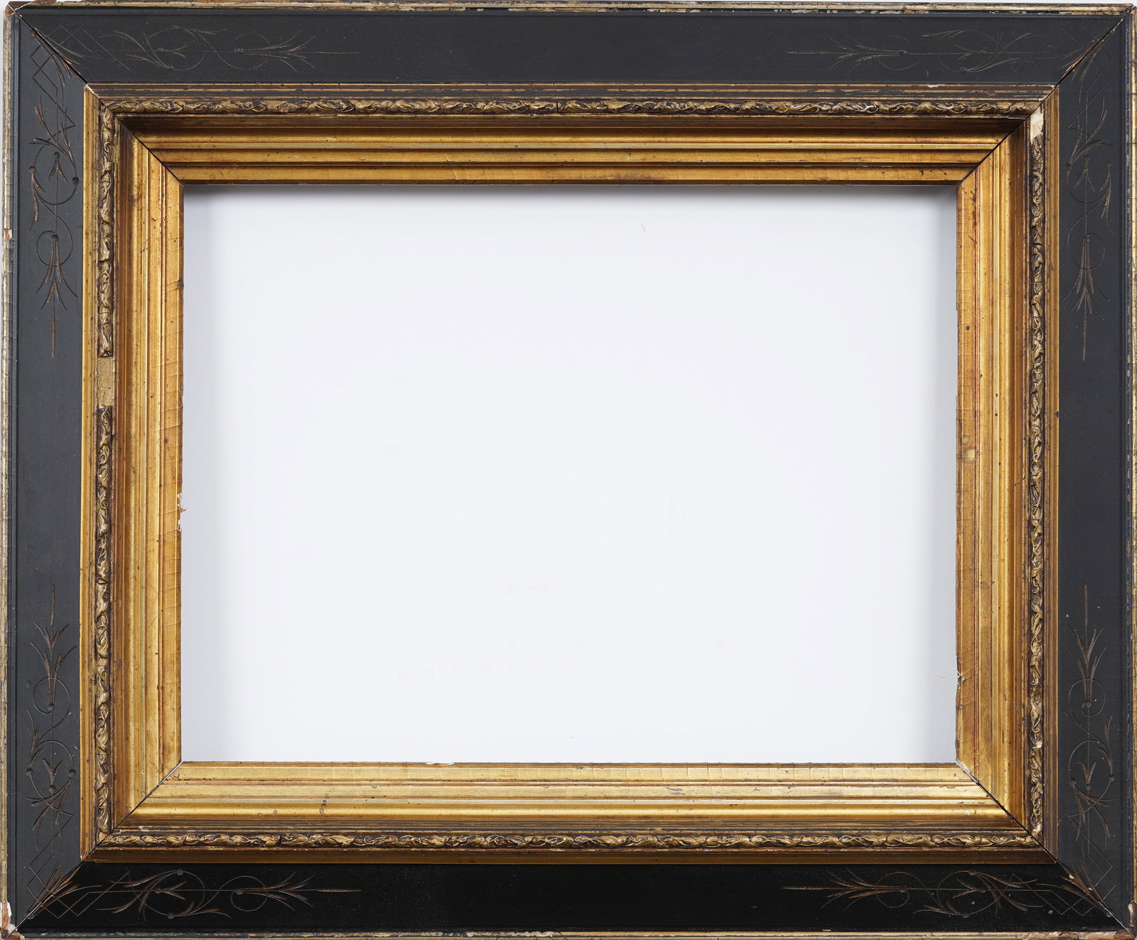 Antique Eastlake Ebonized Wood Incised Corner Accents Oil Painting Frame: Antique carved oil painting frame. Measuring: 16 1/4 by 19 3/4 inches overall, 10 1/2 by 14 rabbet size, and 9 3/4 by 13 1/4 sight size. Please see all images for condition. Size is measured and writt