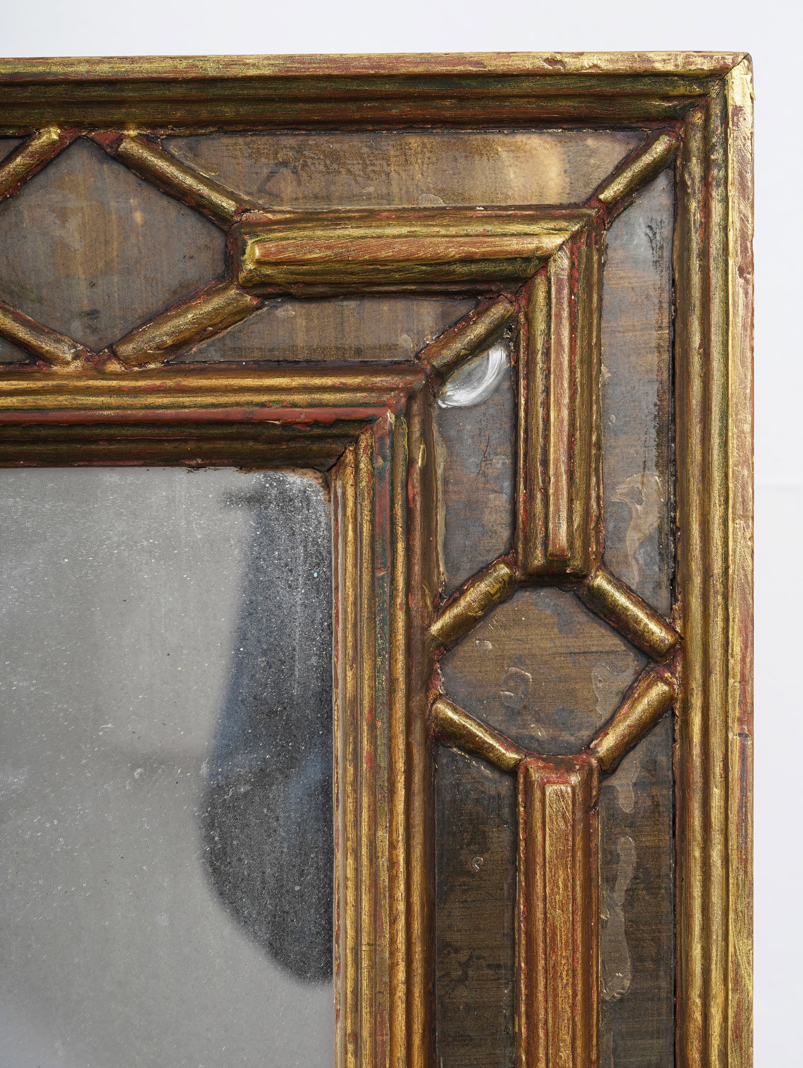 Antique Segmented Decorative Mirror and Frame: Antique segmented framed mirror. Measuring: 25 by 21 inches overall. Please see all images for condition. Size is measured and written on the back of the painting or next to each object. The first