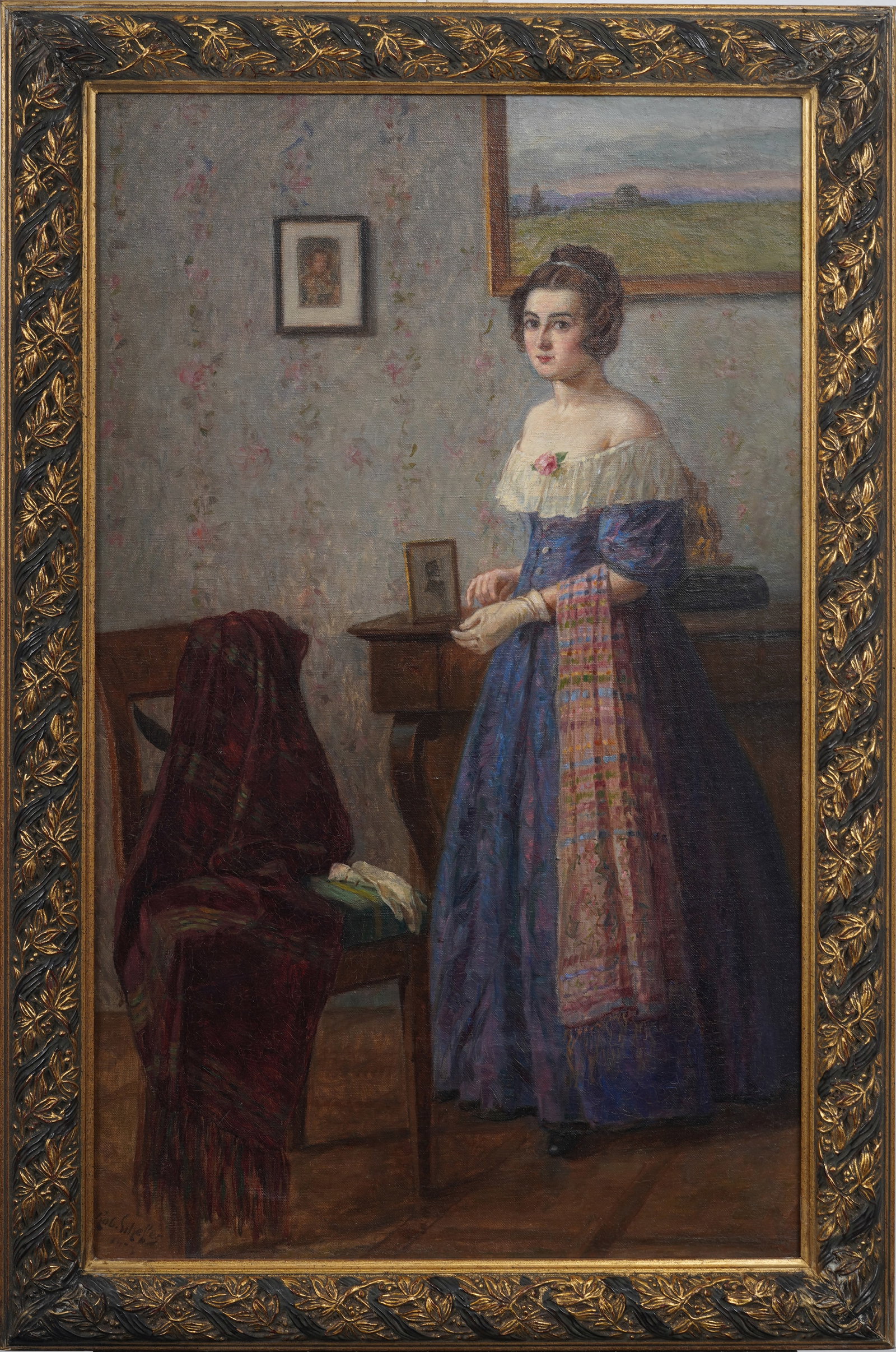 Robert Scheffer (1859-1934) Lady in Elegant Interior Original Austrian Signed Portrait Oil Painting: Signed, framed antique European oil painting on canvas. Measuring: 34 by 22 inches overall, and 30 by 18 painting alone. Please see all images for condition. Size is measured and written on the back o