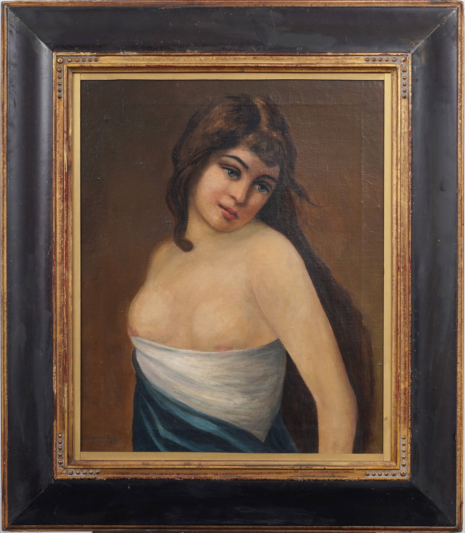 Vintage European Partial Nude Portrait of a Woman Framed Signed Dated Original Oil Painting: Signed, framed vintage European oil painting on canvas. Measuring: 32 by 28 inches overall, and 19.5 by 23.5 painting alone. Please see all images for condition. Size is measured and written on the ba
