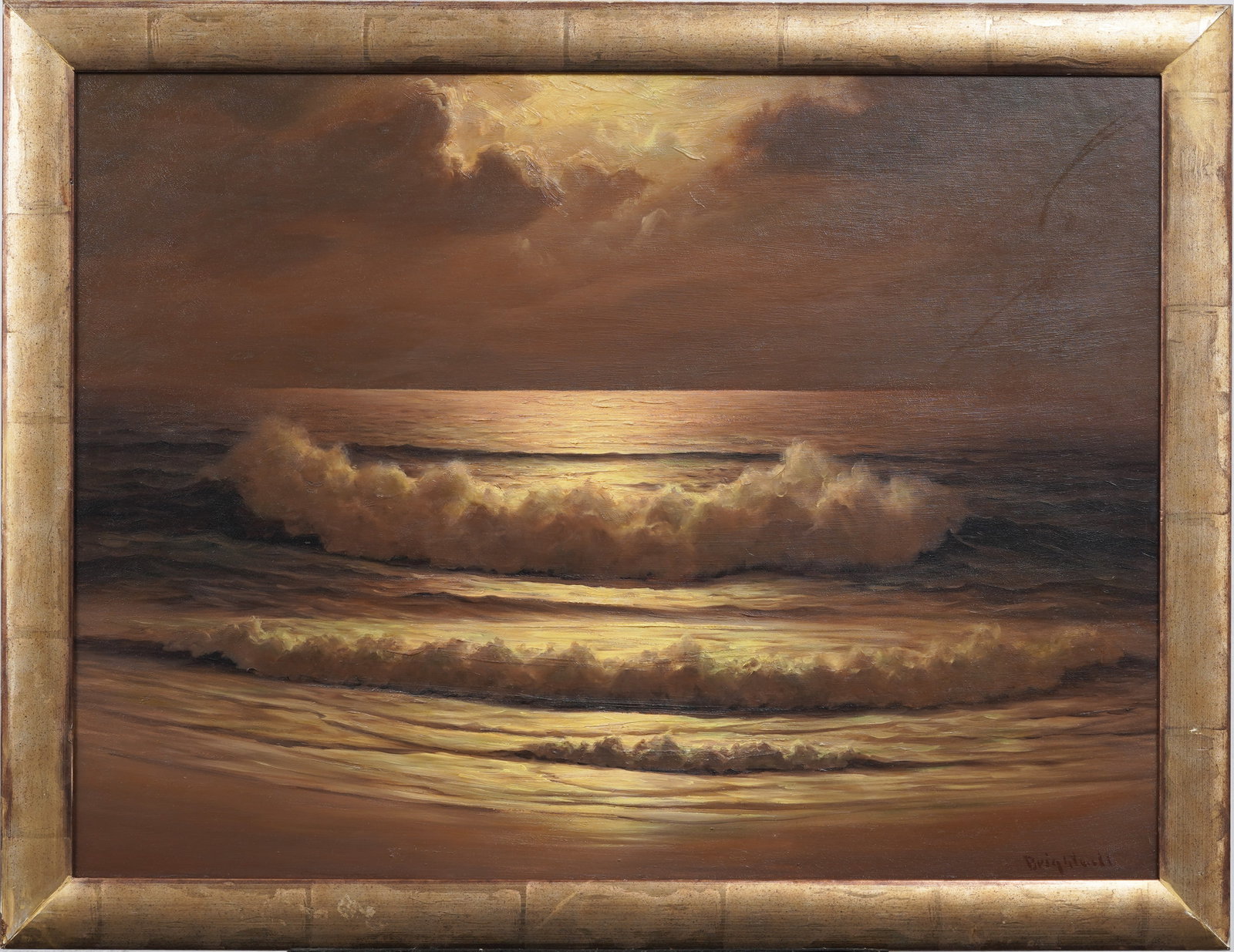Walter Brightwell (1919-2005) Well Framed Luminous Seascape Original Crashing Surf Oil Painting: Signed, framed vintage American oil painting on board. Measuring: 28 by 36 inches overall, and 24 by 32 painting alone. Please see all images for condition. Size is measured and written on the back of