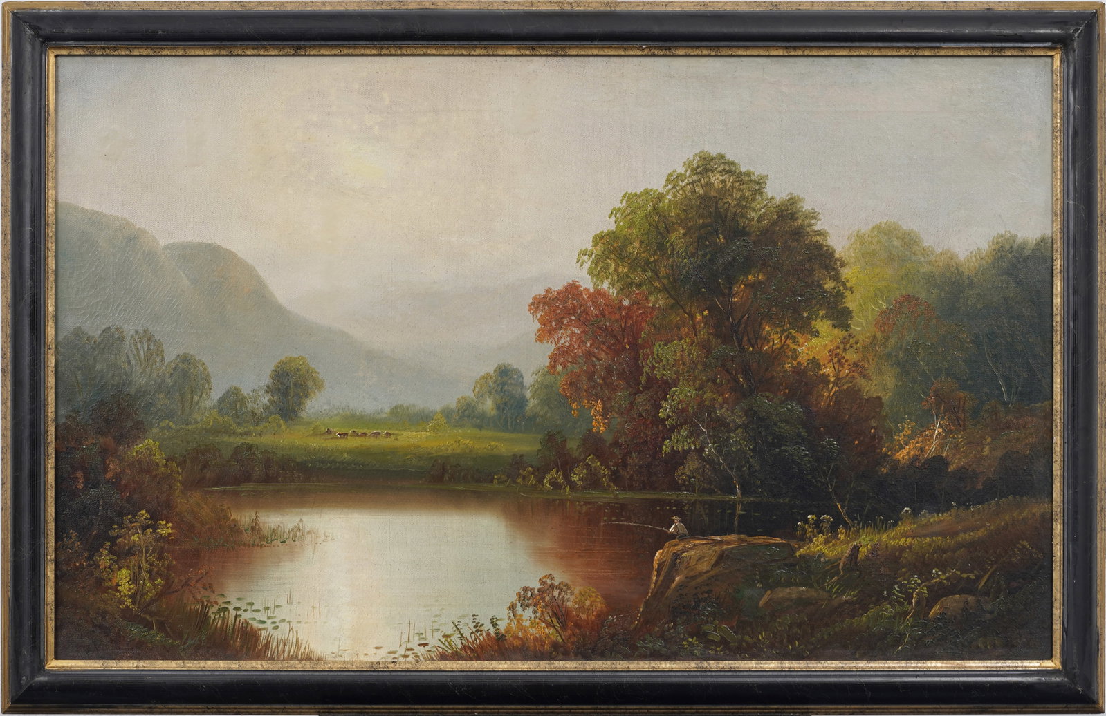 Antique American Hudson River School Sunrise Scene Framed Landscape Original Oil Painting: Framed antique American oil painting on canvas. Measuring: 26 by 40 inches overall, and 22 by 36 painting alone. Please see all images for condition. Size is measured and written on the back of the pa