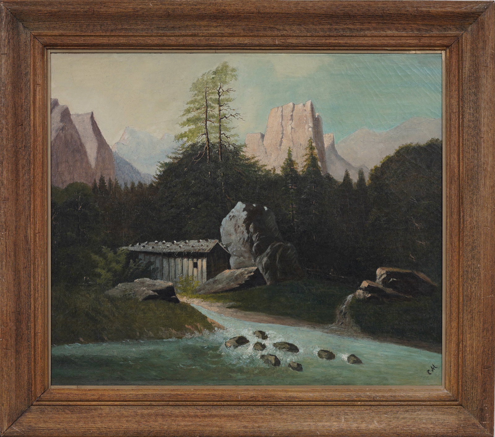 Antique European Lakeside Landscape Original Oil Painting: Monogrammed vintage European oil painting on canvas. Measuring: 28.5 by 32.5 inches overall, and 22 by 27.5 painting alone. Please see all images for condition. Size is measured and written on the bac
