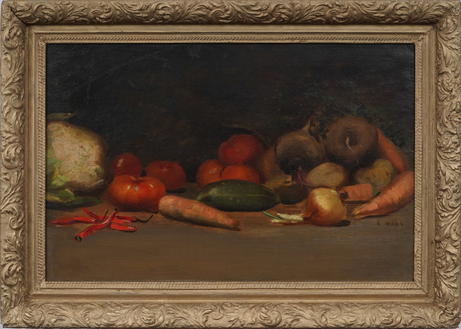 Antique American Impressionist Vegetable Original Still Life Oil Painting by Edith Marian Mann: Signed, framed vintage American oil painting on canvas. Measuring: XX by XX inches overall, and XX by XX painting alone. Please see all images for condition. Size is measured and written on the back o