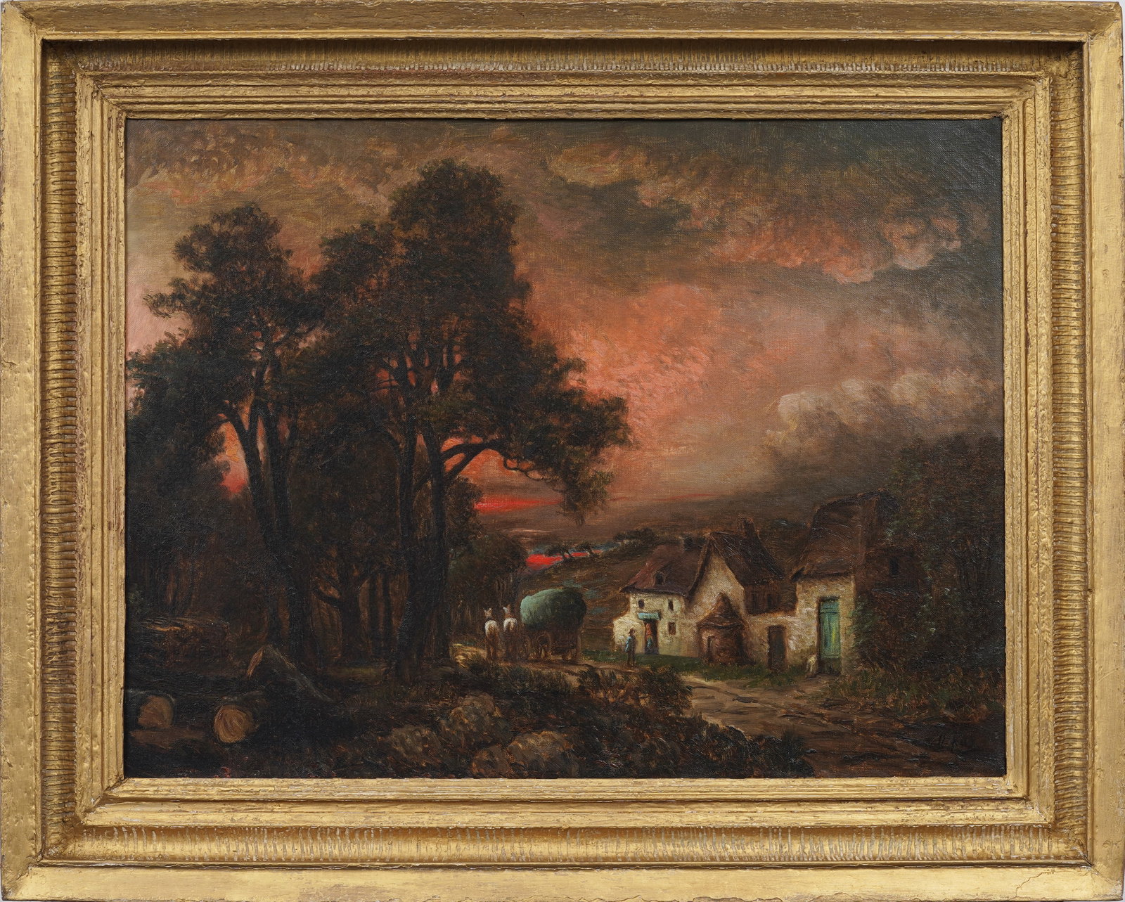 Antique Large European Farmland Sunset Framed Landscape Original Oil Painting: Signed, framed European oil painting on canvas. Measuring: 24.75 by 30.75 inches overall, and 19.5 by 25.5 painting alone. Please see all images for condition. Size is measured and written on the back