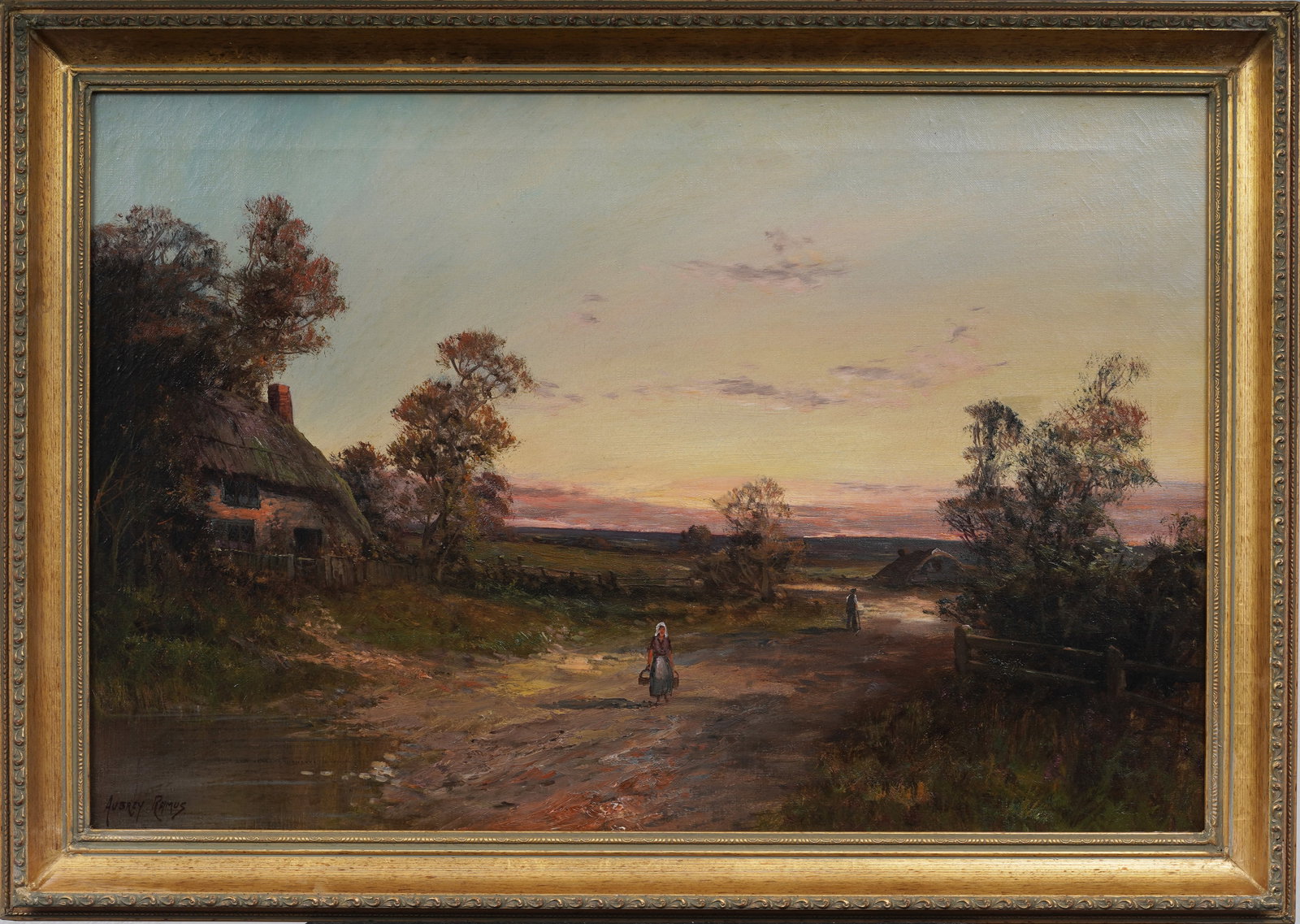 Francis E. Jamieson (1895-1950) Signed British Countryside Landscape Sunset Original Oil Painting: Signed, framed antique British oil painting on canvas. Signed in known pseudonym. Measuring: 24 by 34 inches overall, and 20 by 30 painting alone. Please see all images for condition. Size is measured