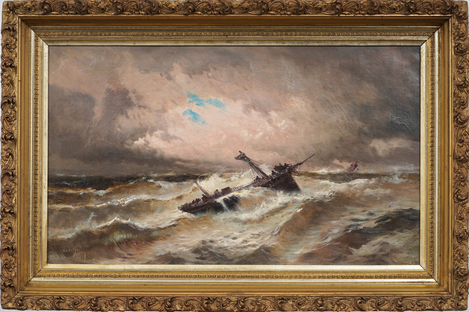 Emile Godchaux (1860-1938) Antique French Maritime Seascape Stormy Coastal Crashing Surf Painting: Signed, framed antique French oil painting on canvas. Measuring: 20 by 30 inches overall, and 16 by 26 painting alone. Please see all images for condition. Size is measured and written on the back of 