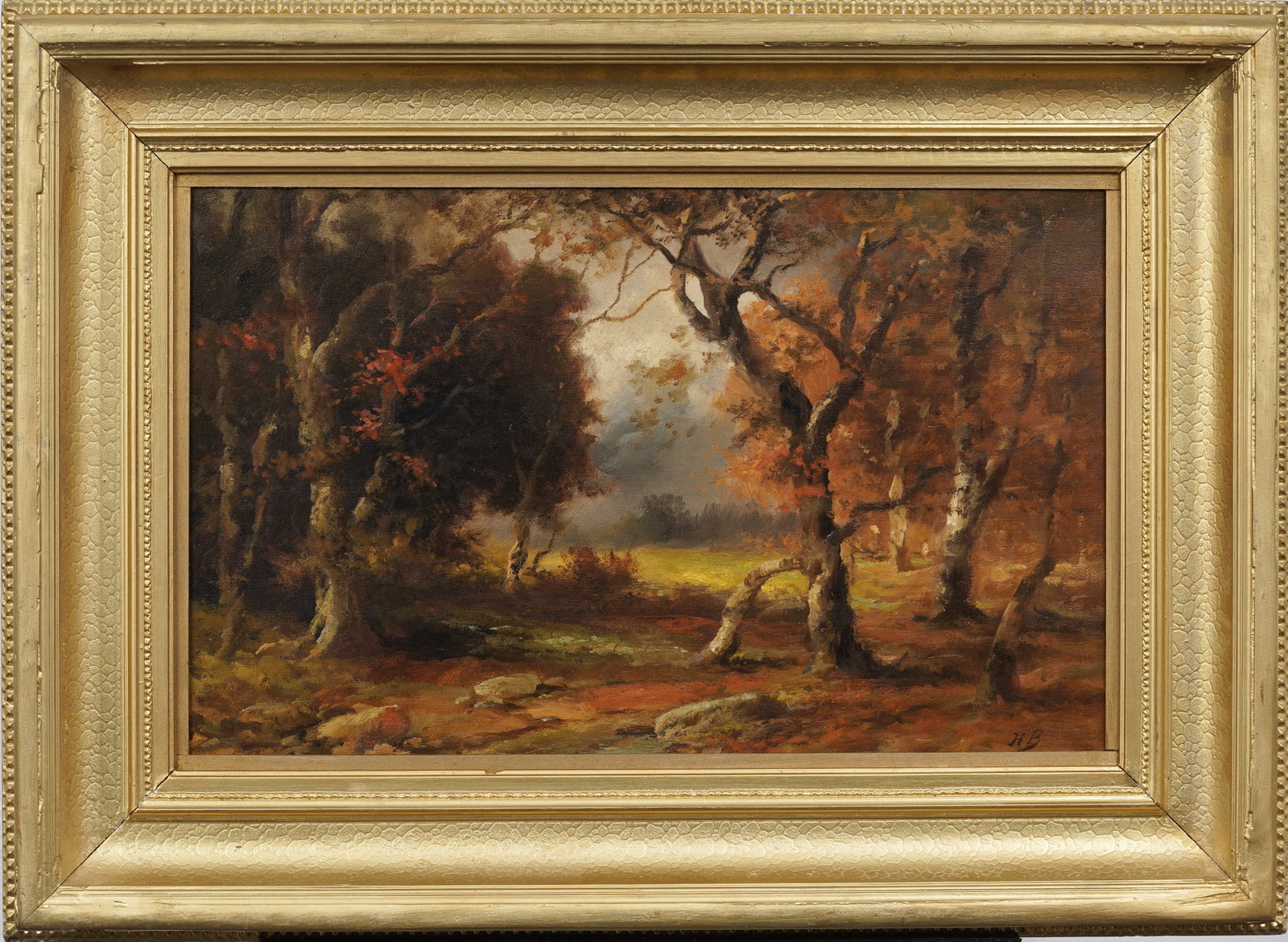Antique Monogrammed Hudson River School Autumn Forest Interior Landscape Original Oil Painting: Antique American school landscape oil painting. Monogrammed. Framed. Measuring: 21.5 by 29.5 inches overall, and 14 by 22 painting alone. Please see all images for condition. Size is measured and writ
