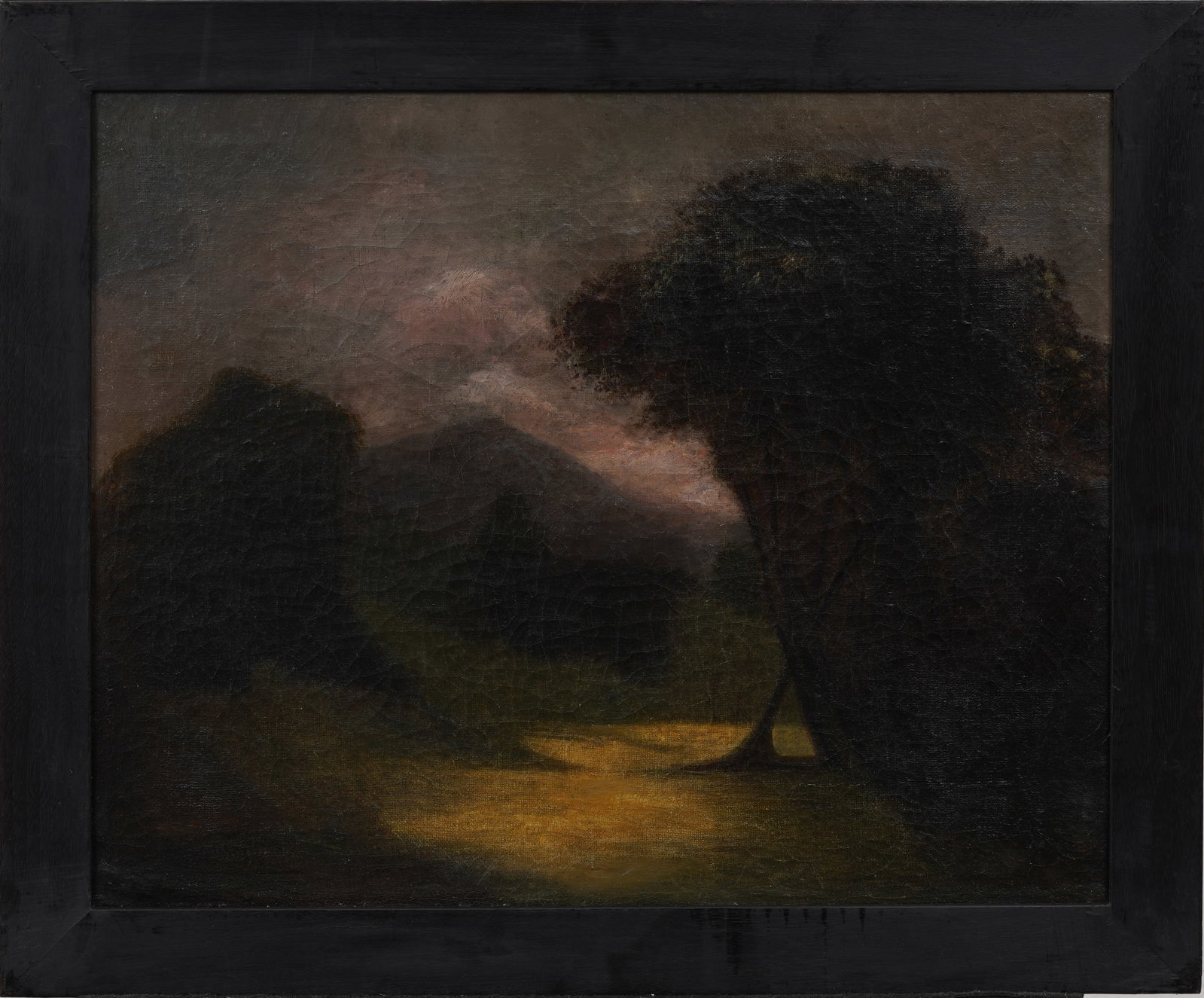 Antique American School Moody Nighttime Forest Landscape Original Framed Nocturnal Oil Painting (1 of 5)