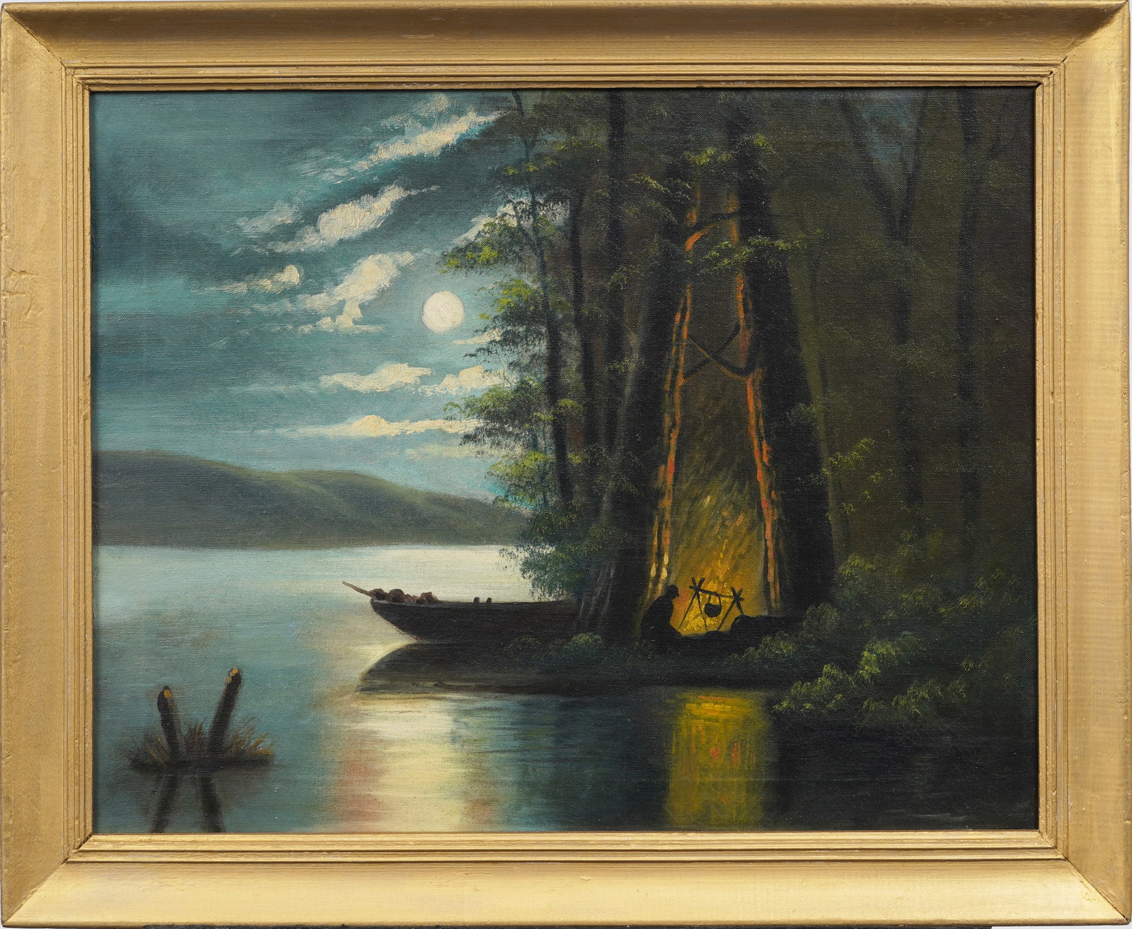 Antique American Hudson River School Framed Campfire Nighttime Landscape Original Oil Painting: Signed verso, framed vintage American oil painting on canvas. Measuring: 19.5 by 23.5 inches overall, and 16 by 20 painting alone. Please see all images for condition. Size is measured and written on 