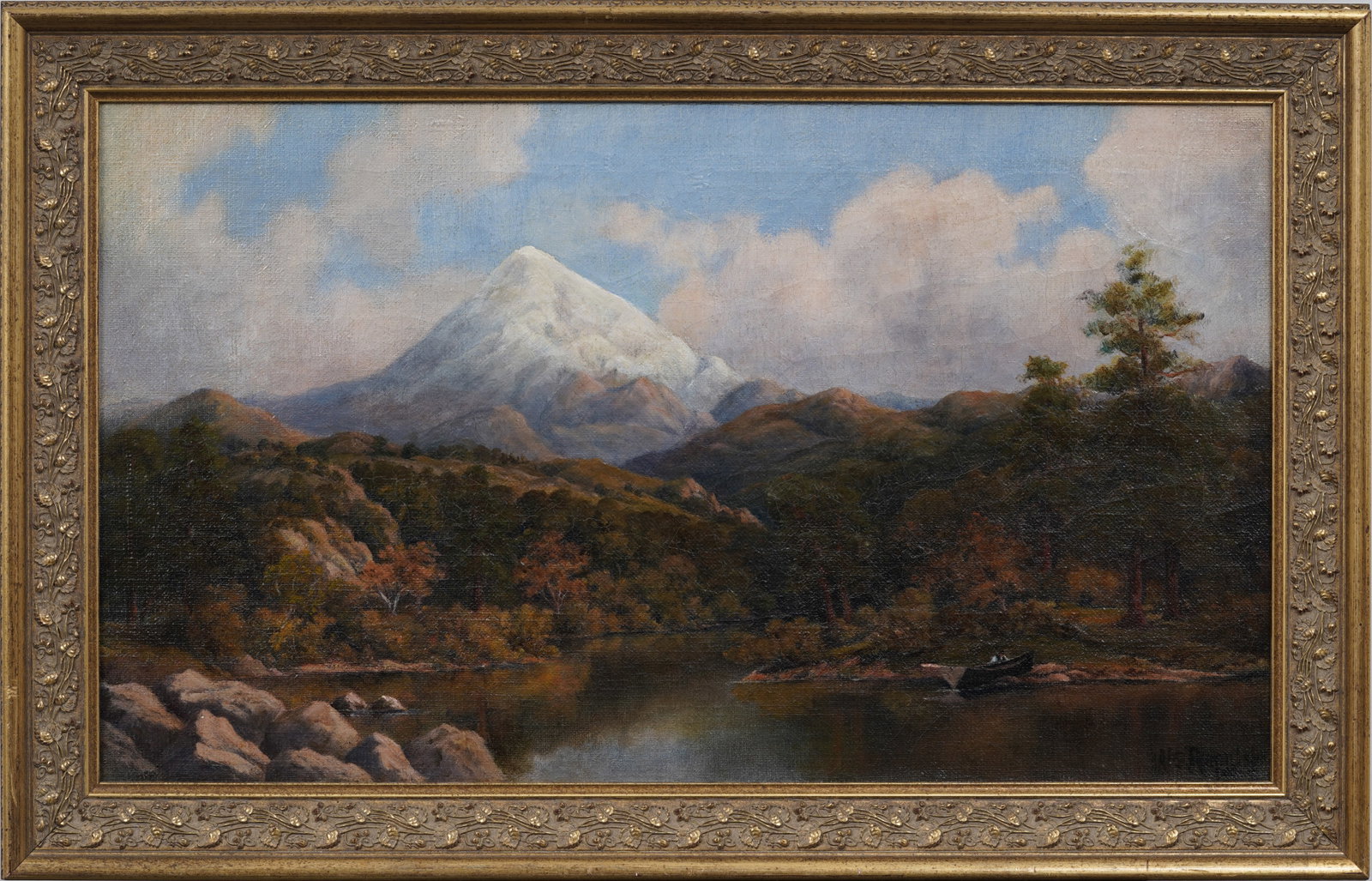 Signed Antique Mountain Landscape Framed Panoramic Luminous School Original Oil Painting: Signed, framed antique oil painting on canvas. Measuring: 17.5 by 27.5 inches overall, and 14 by 24 painting alone. Please see all images for condition. Size is measured and written on the back of the
