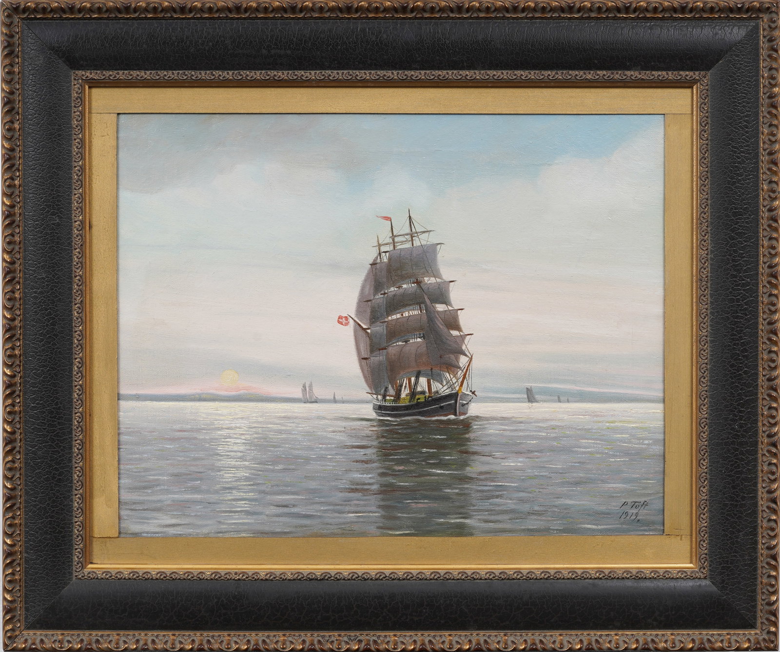 Antique 1919 European Swiss Sailing Ship Maritime Landscape Original Oil Painting Signed "P. Toft" (1 of 6)