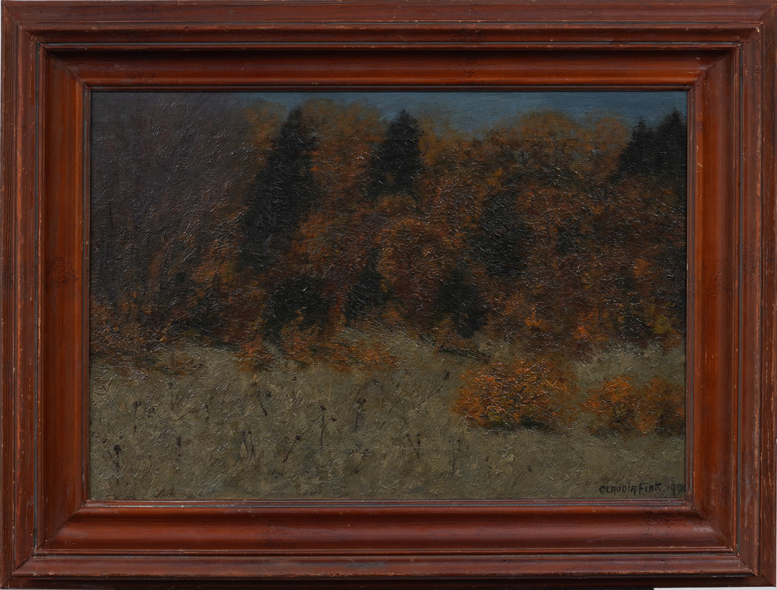 Claudia Fink 1905 Signed Antique American Autumn Forest Treeline Landscape Original Oil Painting: Signed, framed American oil painting on canvas. Measuring: 19 by 25 inches overall, and 14 by 20 painting alone. Please see all images for condition. Size is measured and written on the back of the pa