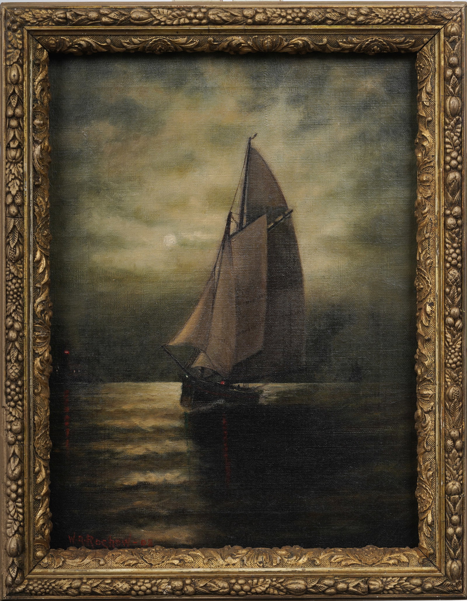 Signed Antique American Moody Sailboat Nocturnal Maritime Landscape Original Oil Painting Dated '08 (1 of 6)