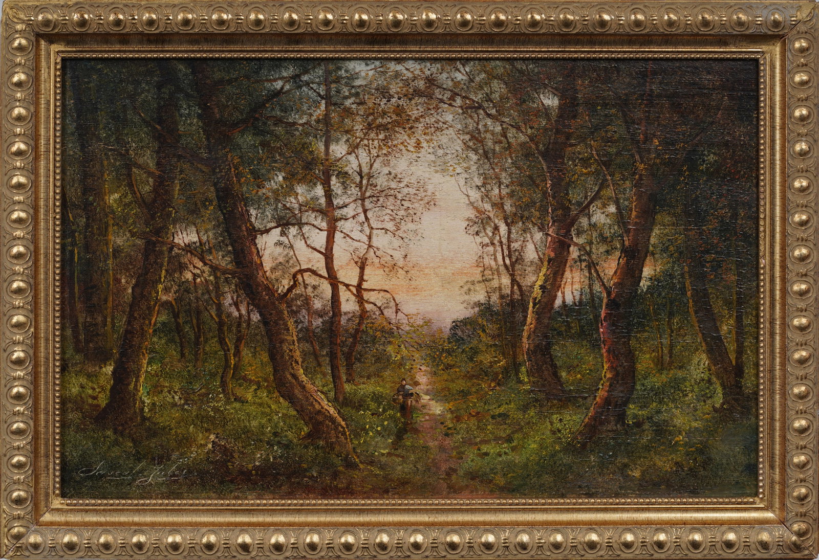 Jules Georges Pascal (19th c.) Sunlit French Forest Interior Signed Landscape Original Oil Painting: Signed, framed antique European oil painting on wood panel. Measuring: 12 by 18 inches overall, and 10 by 16 painting alone. Please see all images for condition. Size is measured and written on the ba