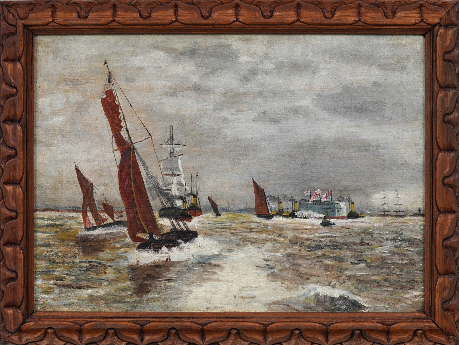Vintage European Coastal Seascape Maritime Framed Original Oil Painting Flags Flying (1 of 8)