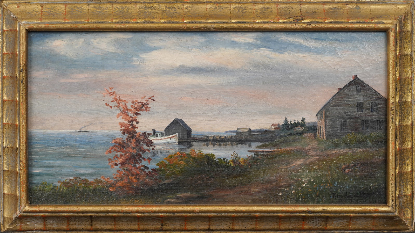 Antique American Seaside Town Beach House Landscape Original Oil Painting Signed "Rhoda Pearce": Signed, framed antique American oil painting on canvas. Measuring: 9 by 16 inches overall, and 7 by 14 painting alone. Please see all images for condition. Size is measured and written on the back of 