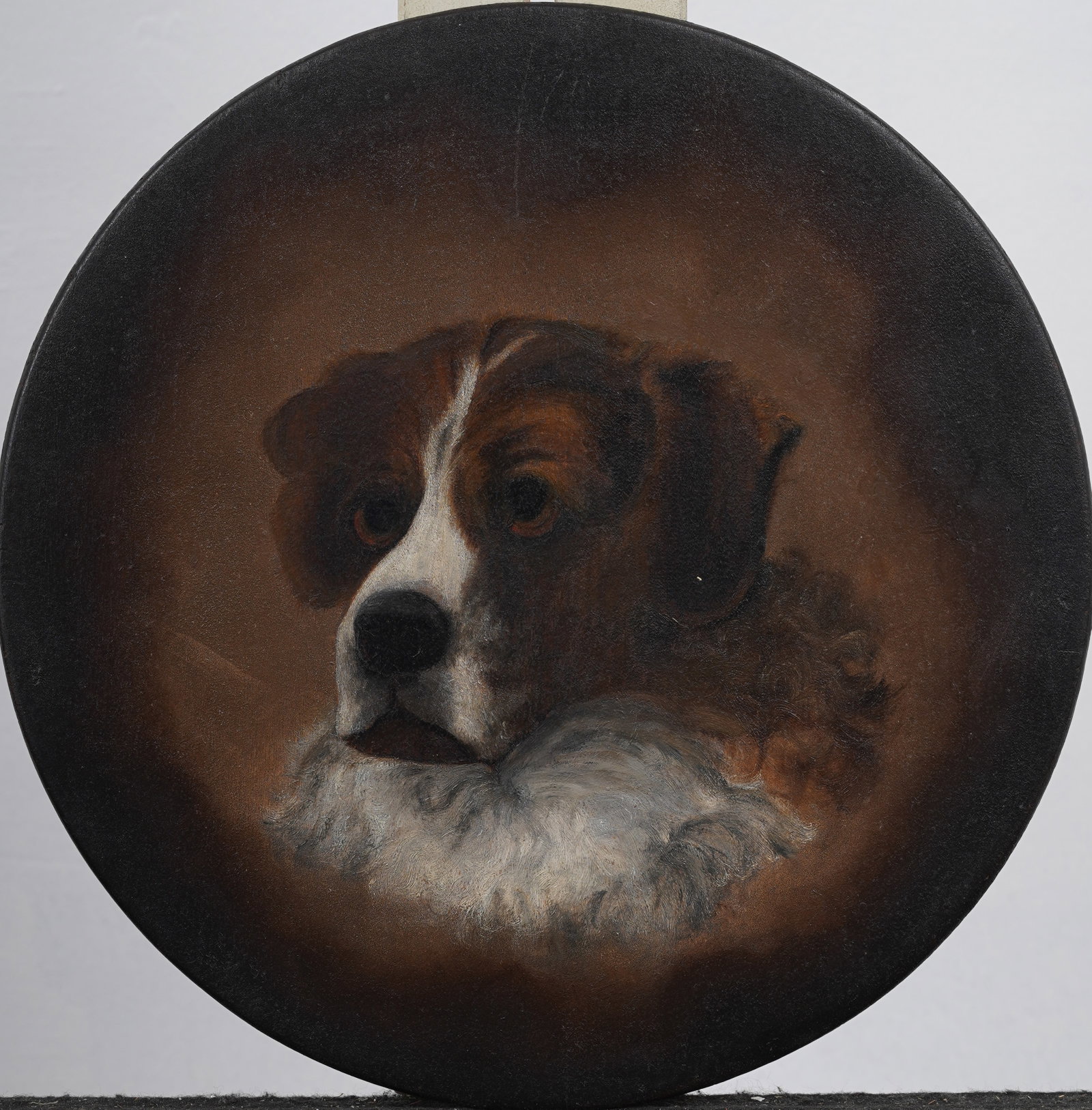 Vintage Folk Art American School Saint Bernard Dog Portrait Original Oil Painting: Vintage American oil painting on wood panel. Measuring: 13 by 13 inches overall. Please see all images for condition. Size is measured and written on the back of the painting or next to each object. T