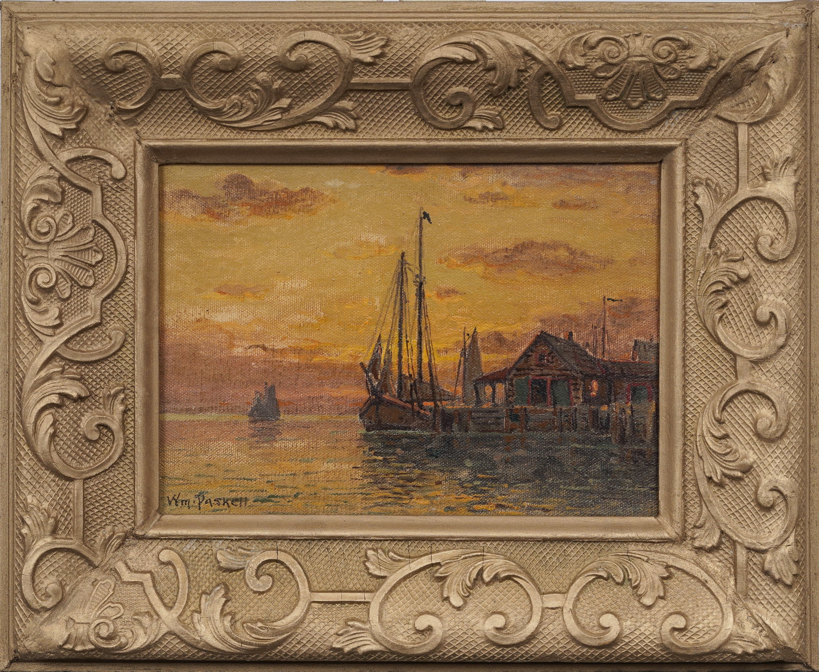 William Paskell (1866-1951) Vintage American Sunrise Coastal Dock Seascape Original Oil Painting: Signed, framed vintage American oil painting on canvas. Relined and in exelently restored condition. Measuring: 12 by 14 inches overall, and 6.5 by 9 painting alone. Please see all images for conditio