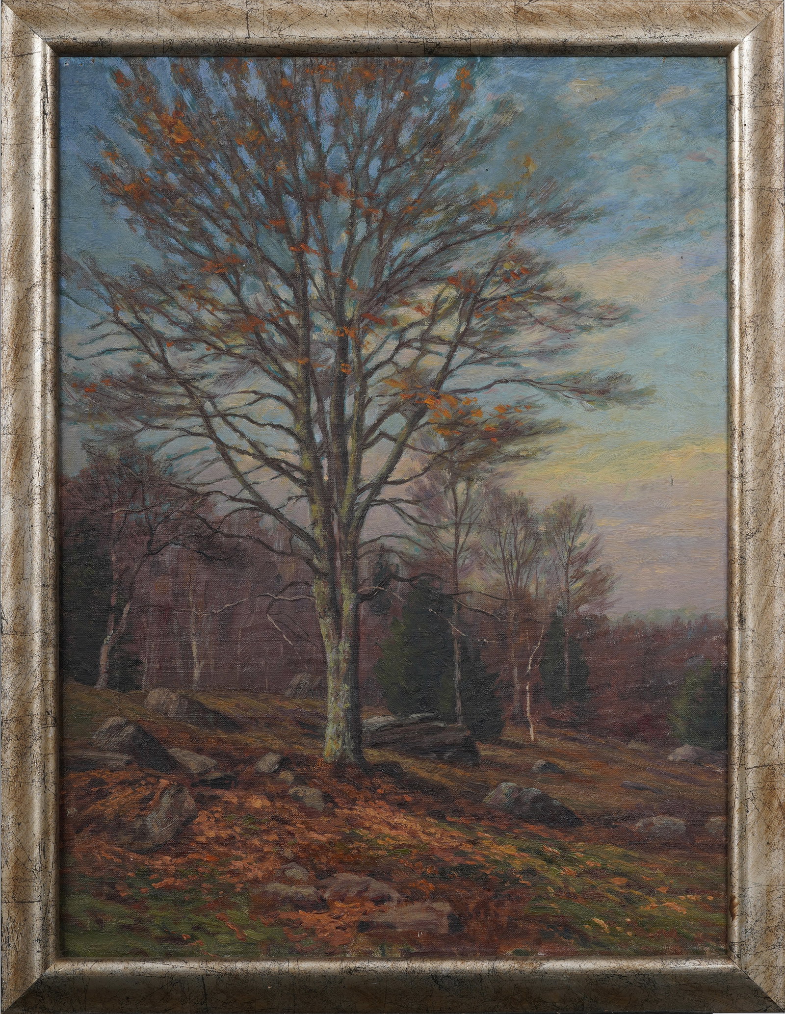 Antique American Impressionist Fall Landscape Framed Sunset Original Oil Painting: Vintage American landscape oil painting. Measuring: 21 by 27 inches overall, and 18 by 24 painting alone. Please see all images for condition. Size is measured and written on the back of the painting 