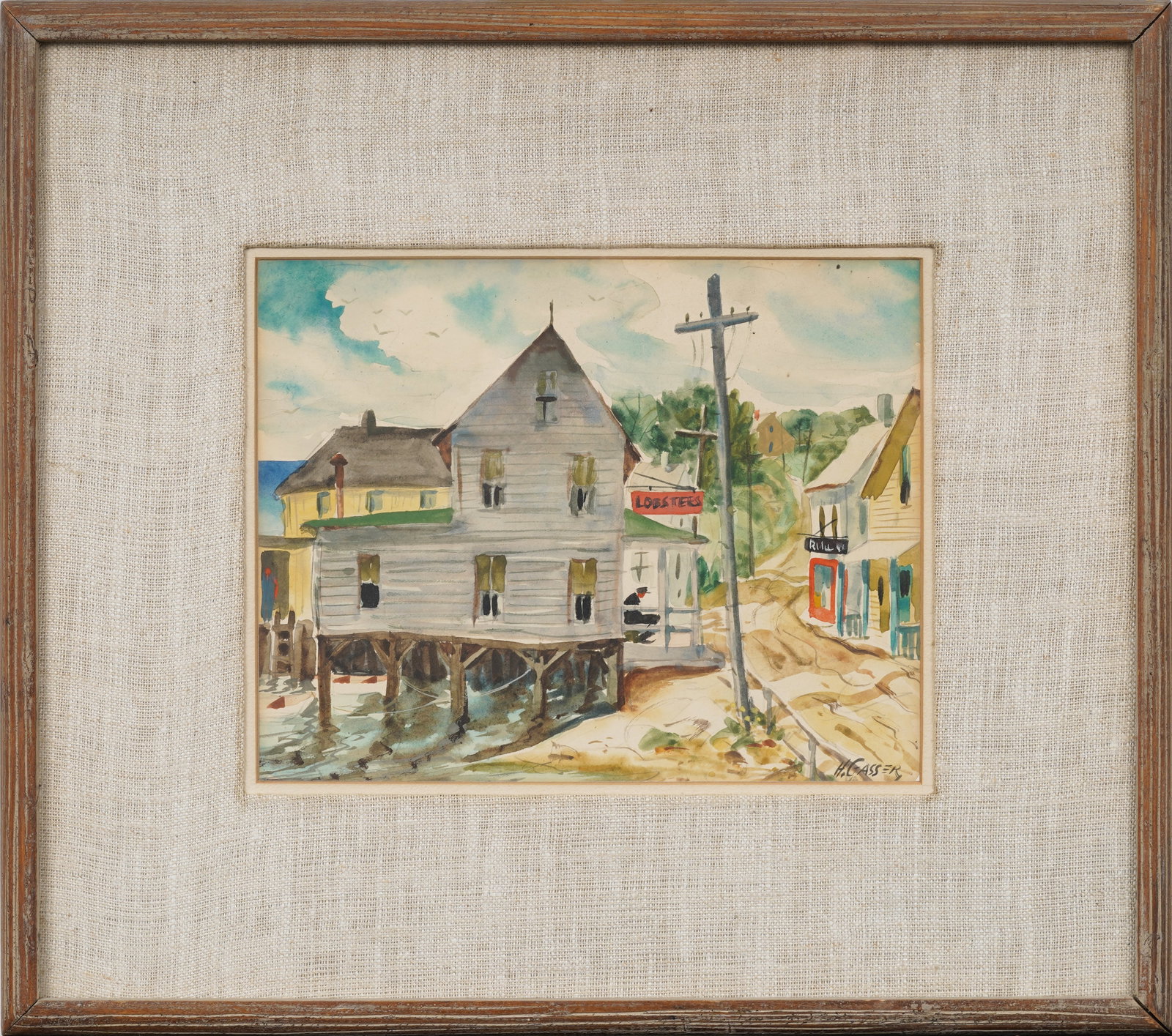 Henry Gasser (1909-1981) Signed Vintage American Modernist Coastal Dock Scene Framed Painting: Vintage American coastal seascape painting by Henry Gasser (1909-1981). Watecolor on paper. Signed. Framed. Measuring: 15 by 17 inches overall, and 7.75 by 9.75 painting alone. Please see all images f