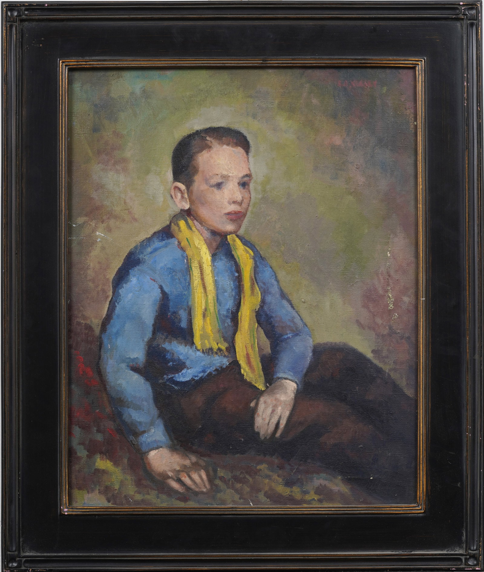 Signed Vintage American School Impressionist Young Male Portrait Framed Original Oil Painting: Vintage American young male portrait oil painting. Signed. Measuring: 22 by 26 inches overall, and 16 by 20 painting alone. Please see all images for condition. Size is measured and written on the bac