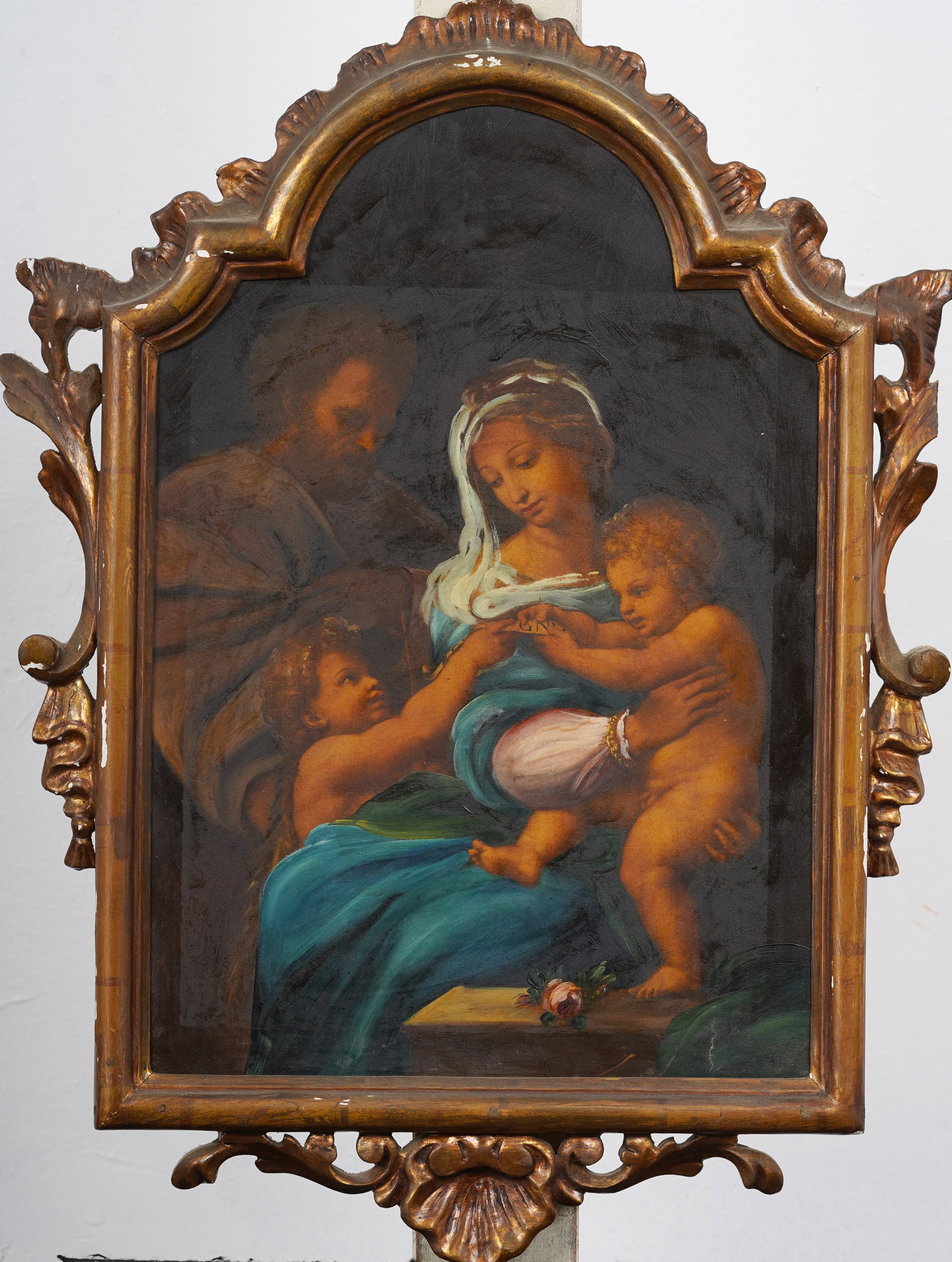 Antique European Old Master Figural Framed Portrait Mixed Media Painting over Print: Antique European old master group portrait print with oil painting. Framed. Measuring: 18 by 26 inches overall, and 13.5 by 19.75 painting alone. Please see all images for condition. Size is measured 