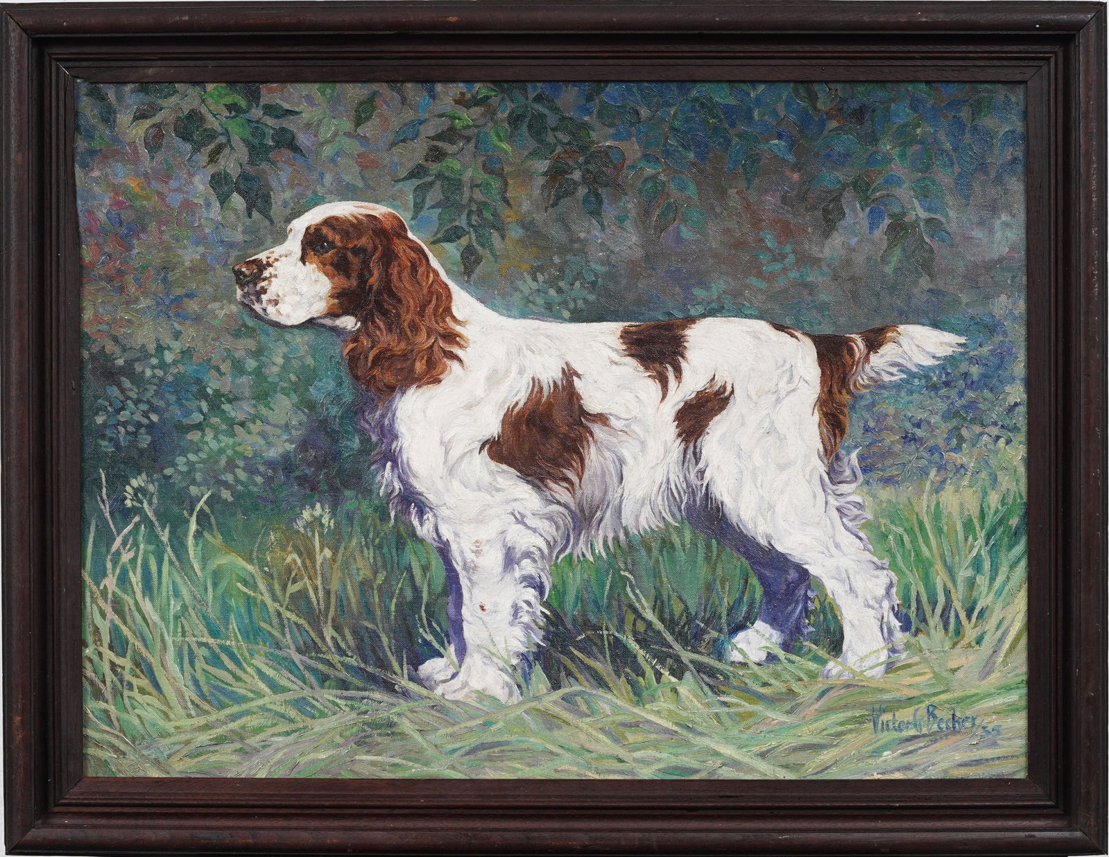 Signed 1935 Vintage American Impressionist Spaniel Dog Portrait Framed Original Oil Painting: Vintage American dog portrait oil painting. Measuring: 21 by 27 inches overall, and 18 by 24 painting alone. Please see all images for condition. Size is measured and written on the back of the painti