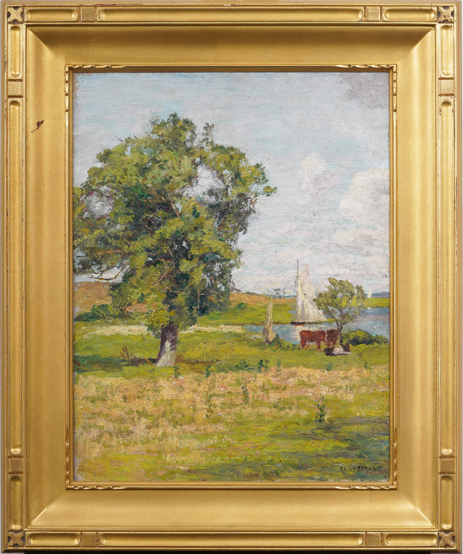 Antique Signed Major American Impressionist Framed Lake Landscape Cow Grazing Sailboat Oil Painting: Vintage American impressionist oil painting. Signed. Framed. Measuring: 20 by 24 inches overall, and 14 by 18 painting alone. Please see all images for condition. Size is measured and written on the b