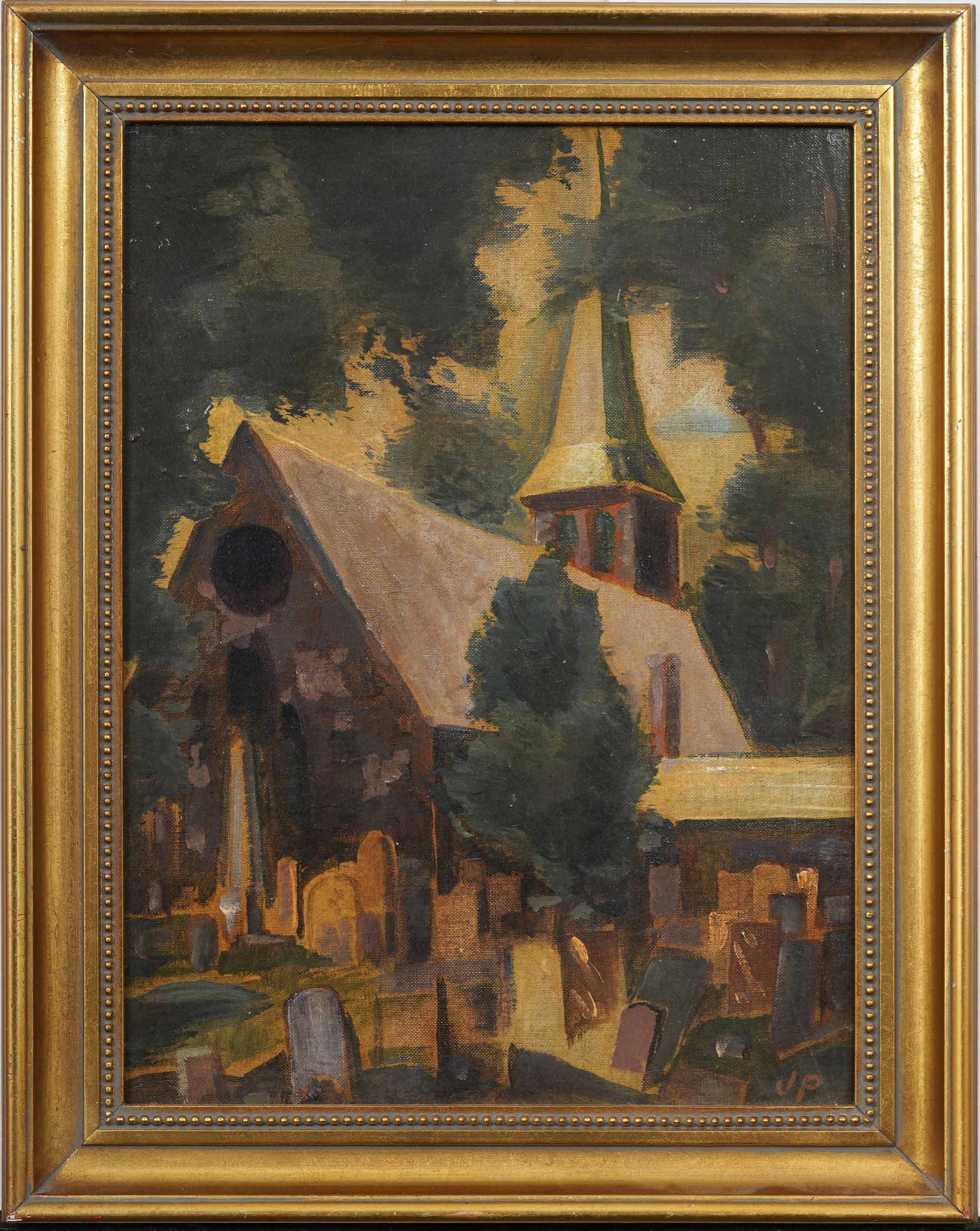 Vintage American School Modernist Church and Cemetery Signed and Framed Original Oil Painting: Vintage American oil painting. Measuring: 16 by 20 inches overall, and 12 by 16 painting alone. Please see all images for condition. Size is measured and written on the back of the painting or next to