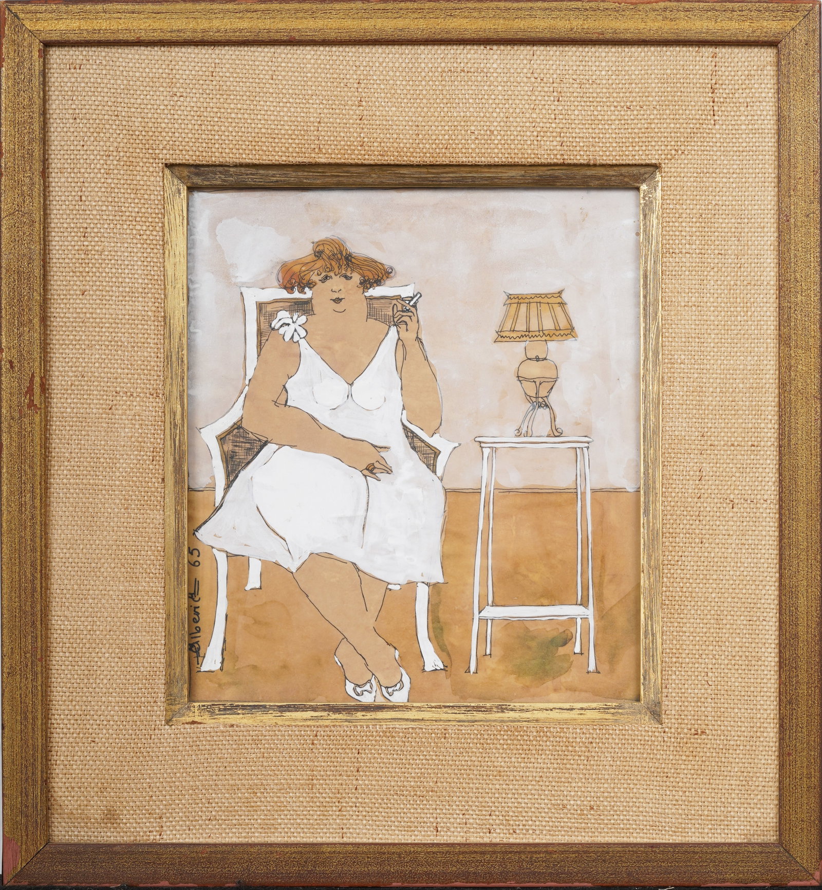 Signed 1965 Vintage American School Smoking Woman Boudoir Scene Framed Original Painting: Vintage American school painting. Measuring: 14 by 15 inches overall, and 7.25 by 8.5 painting alone. Please see all images for condition. Size is measured and written on the back of the painting or n