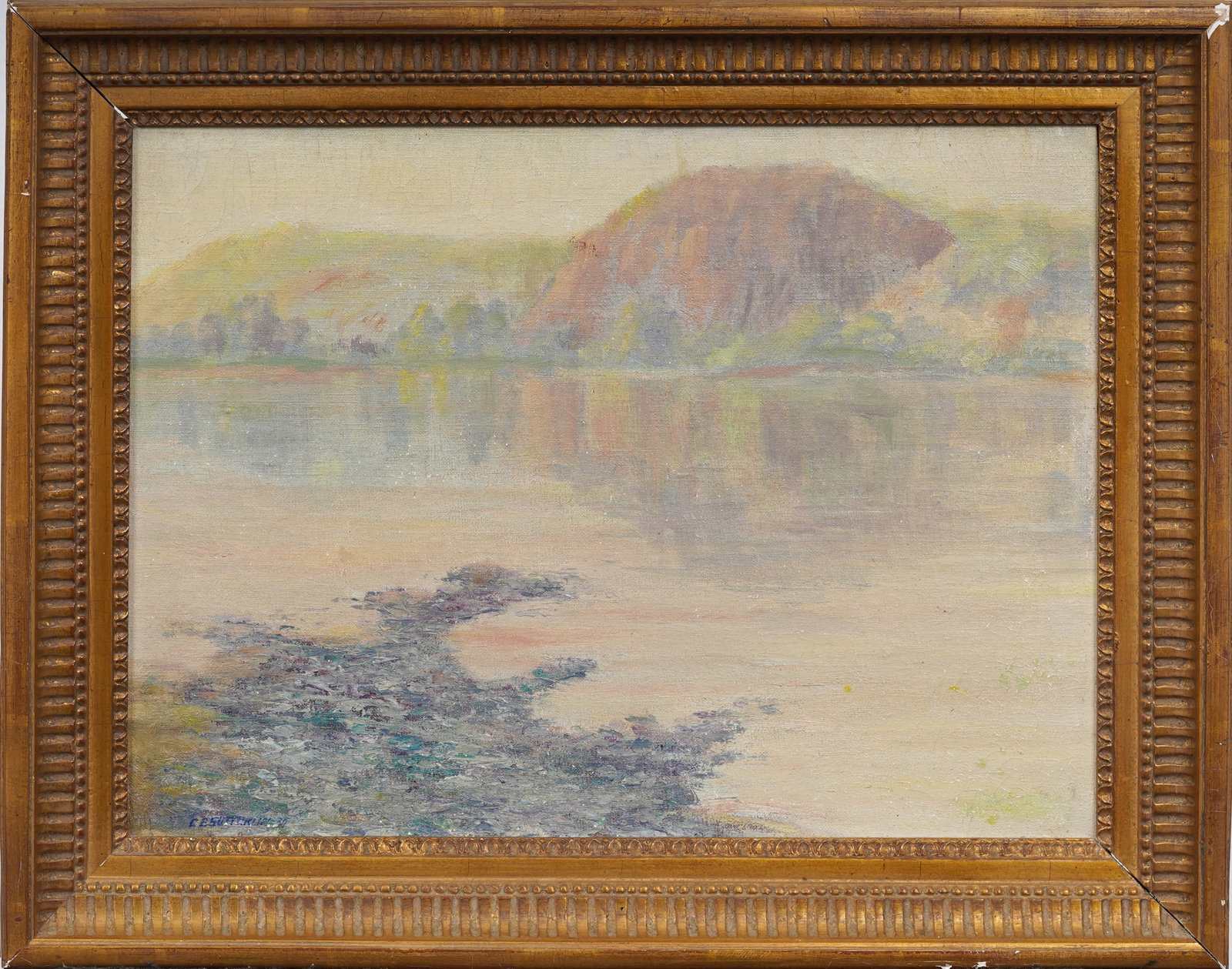 Signed Vintage American Impressionist Framed Lake Landscape Original Oil Painting Circa 1930: Vintage American oil painting circa 1930. Framed. Signed. Measuring: 16 by 20 inches overall, and 12 by 16 painting alone. Please see all images for condition. Size is measured and written on the back