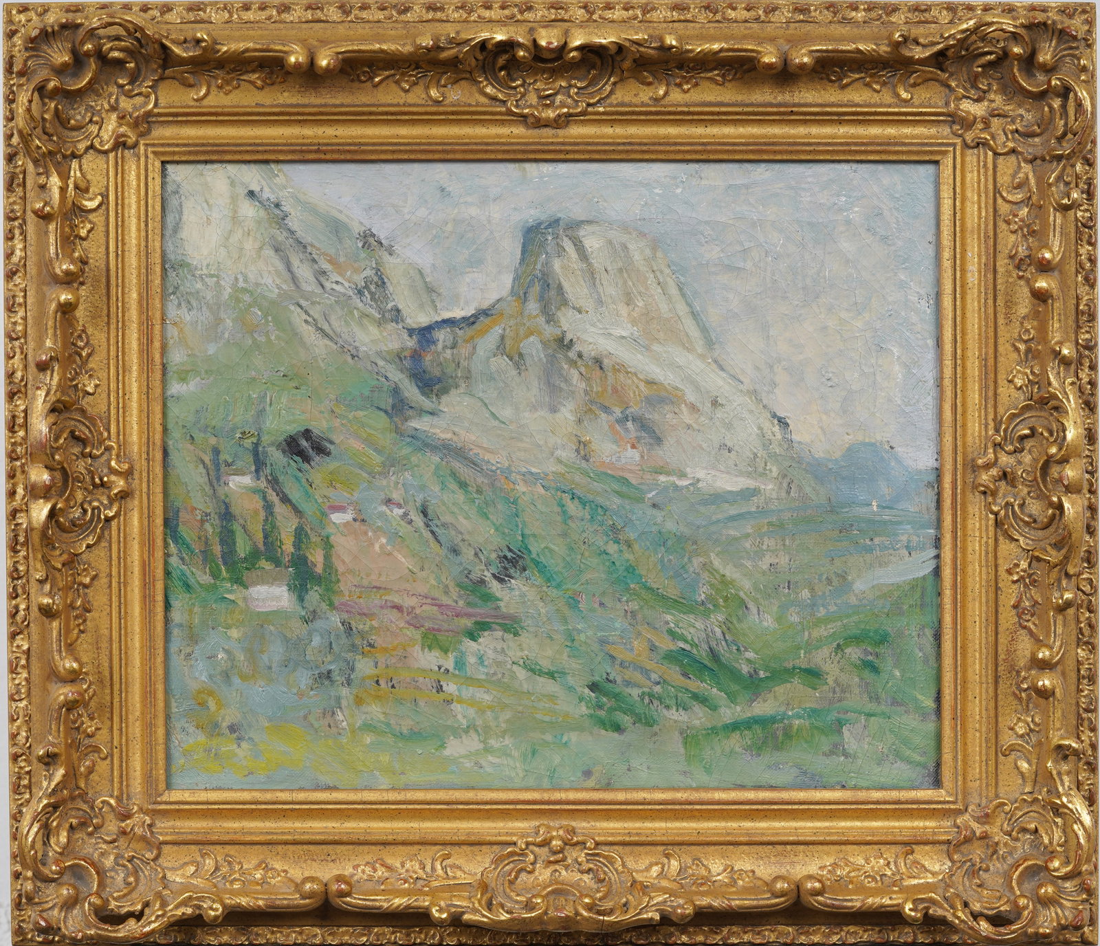 Vintage Giltwood Framed Impressionist Mountain Landscape Original Oil Painting: Vintage American impressionist landscape oil painting. Oil on canvas. Measuring: 20 by 23 inches overall, and 13.5 by 16.5 painting alone. Please see all images for condition. Size is measured and wri