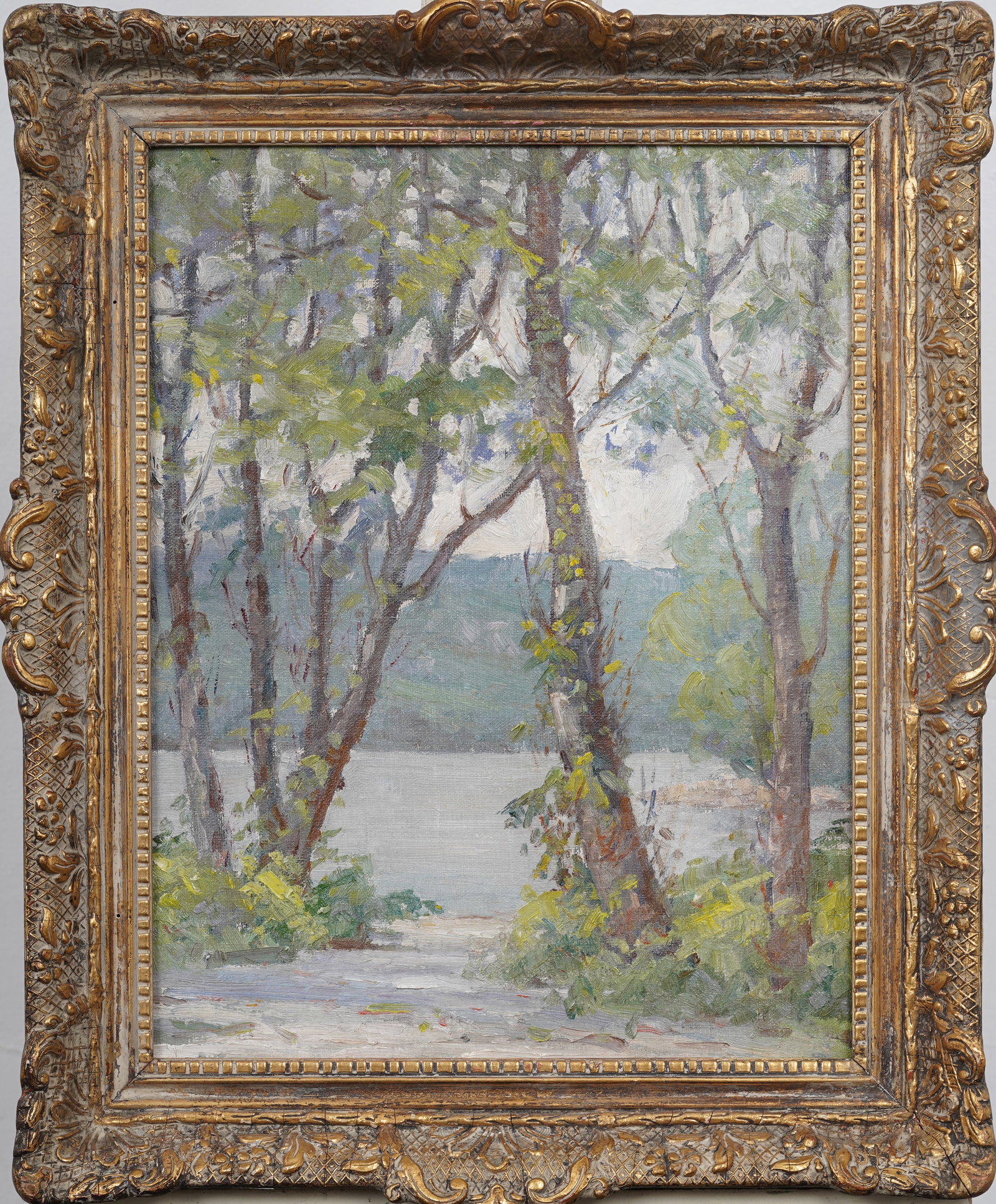American Impressionist Munn's Point Coastal Beach Forest Landscape Original Oil Painting: Framed 20th c. American oil painting on canvasboard. Measuring: 22 by 18 inches overall, and 17.5 by 13.5 painting alone. Please see all images for condition. Size is measured and written on the back 