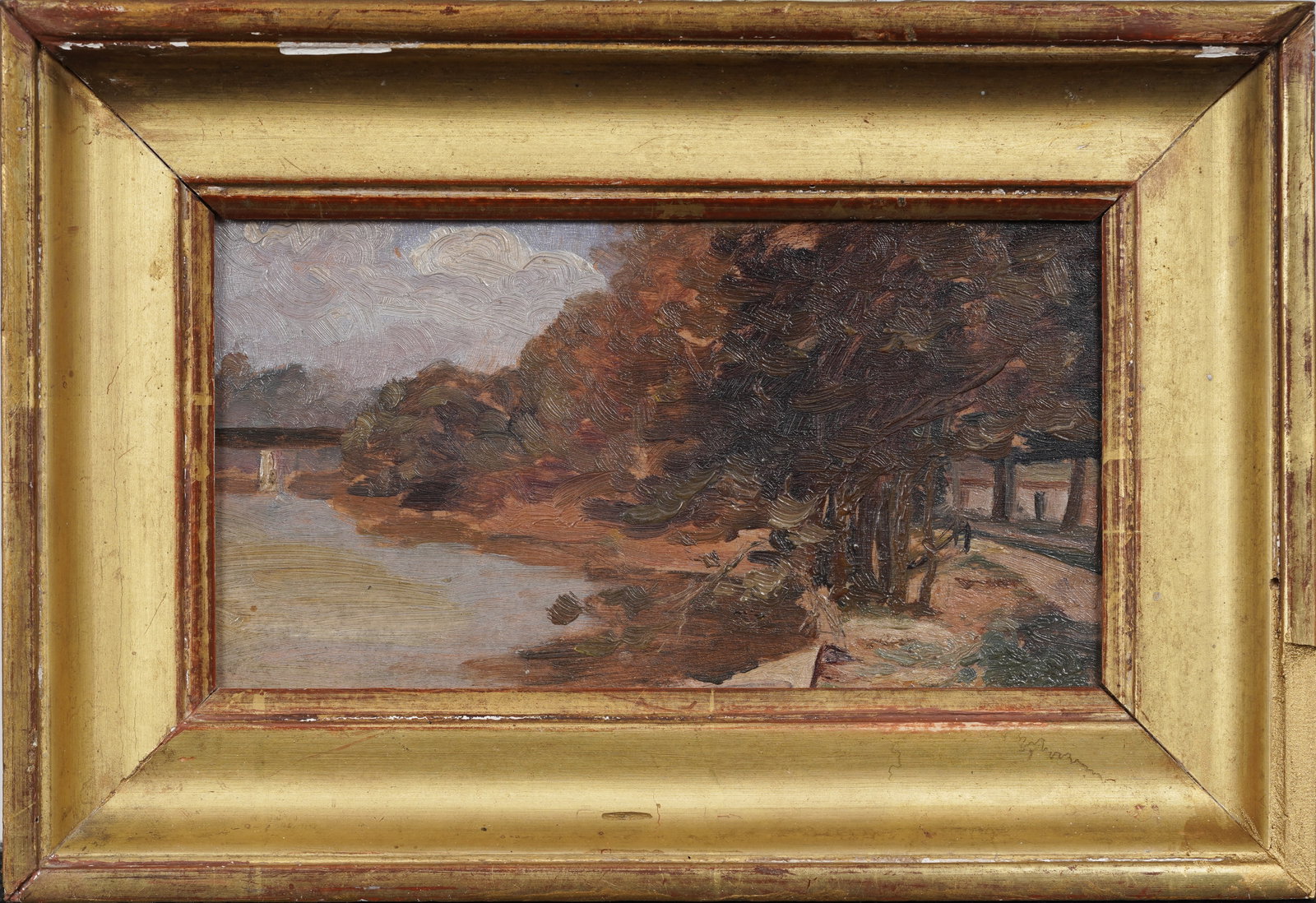 Antique American Impressionist Lake Landscape Original Giltwood Framed Oil Painting: Framed antique American oil painting on board. Measuring: 7 by 10 inches overall, and 4 by 7 painting alone. Please see all images for condition. Size is measured and written on the back of the painti