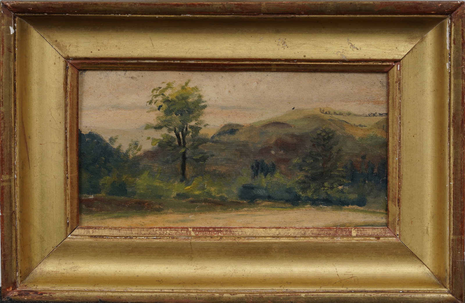 Antique American Impressionist Mountain Landscape Original Giltwood Framed Oil Painting: Framed antique American oil painting on board. Measuring: 7 by 10 inches overall, and 4 by 7 painting alone. Please see all images for condition. Size is measured and written on the back of the painti