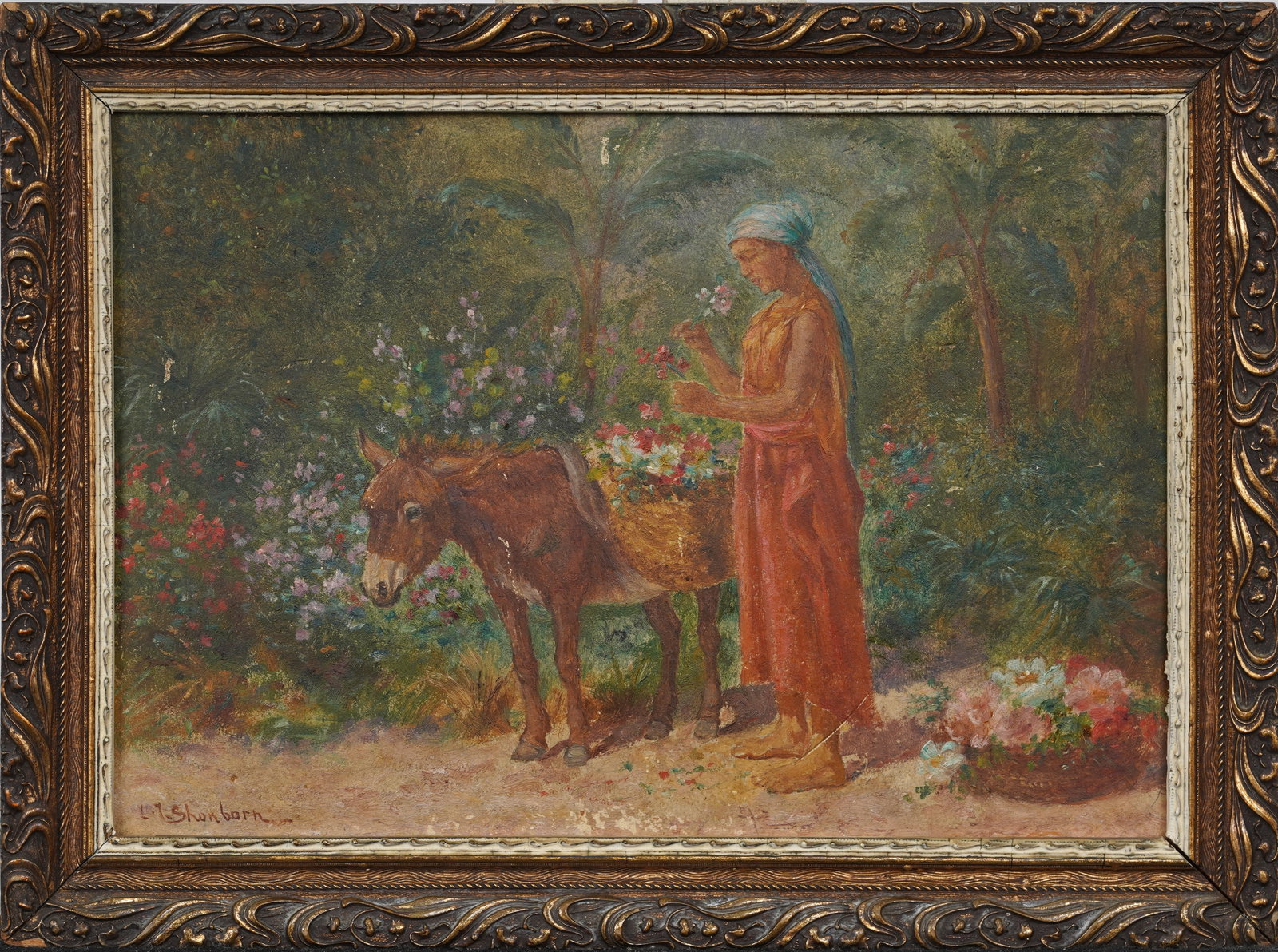 John Lewis Shonborn (1852–1931) Orientalist Portrait Woman with Donkey Framed Original Oil: Antique orientalist oil painting on board. Measuring: 10 by 14 inches overall, and 8.5 by 11.75 painting alone. Please see all images for condition. Size is measured and written on the back of the pai