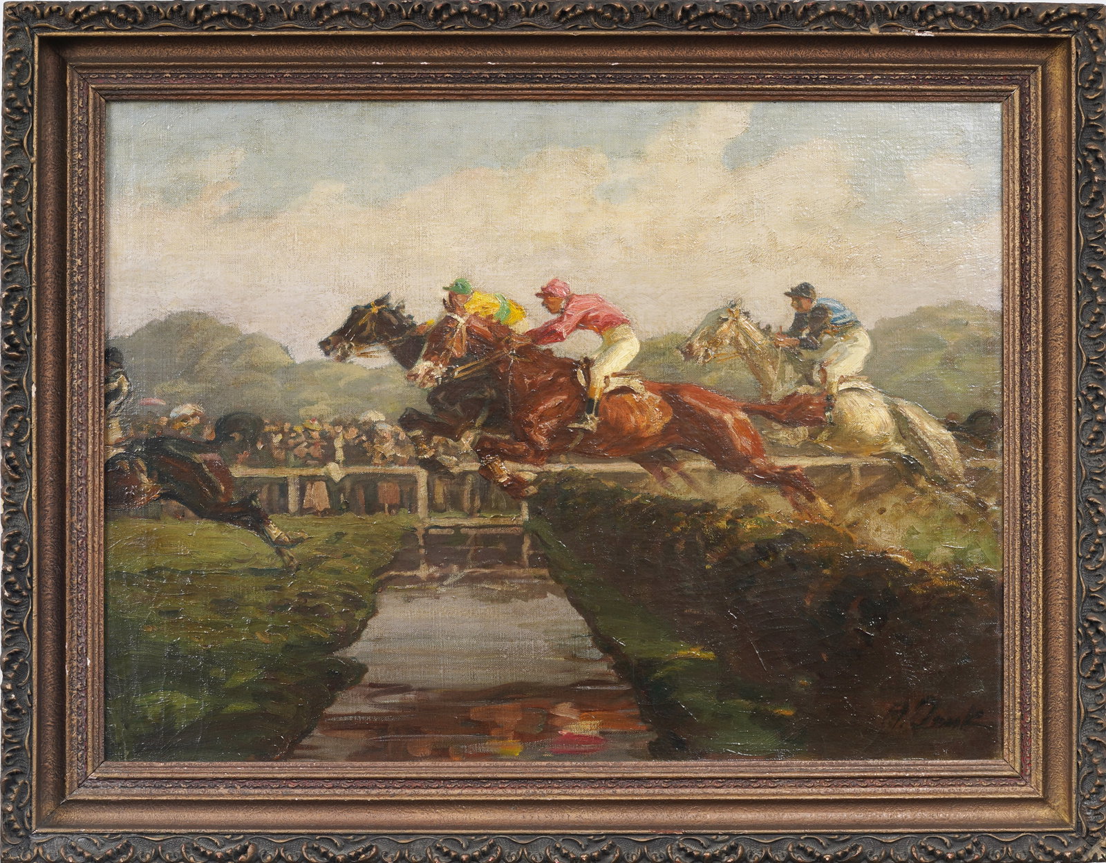 Angelo Jank (1868-1940) Antique German Horse and Jockeys Sporting Art Racing Original Oil Painting: Signed, framed antique German oil painting on canvas. Measuring: 27 by 35 inches overall, and 22 by 30 painting alone. Please see all images for condition. Size is measured and written on the back of 