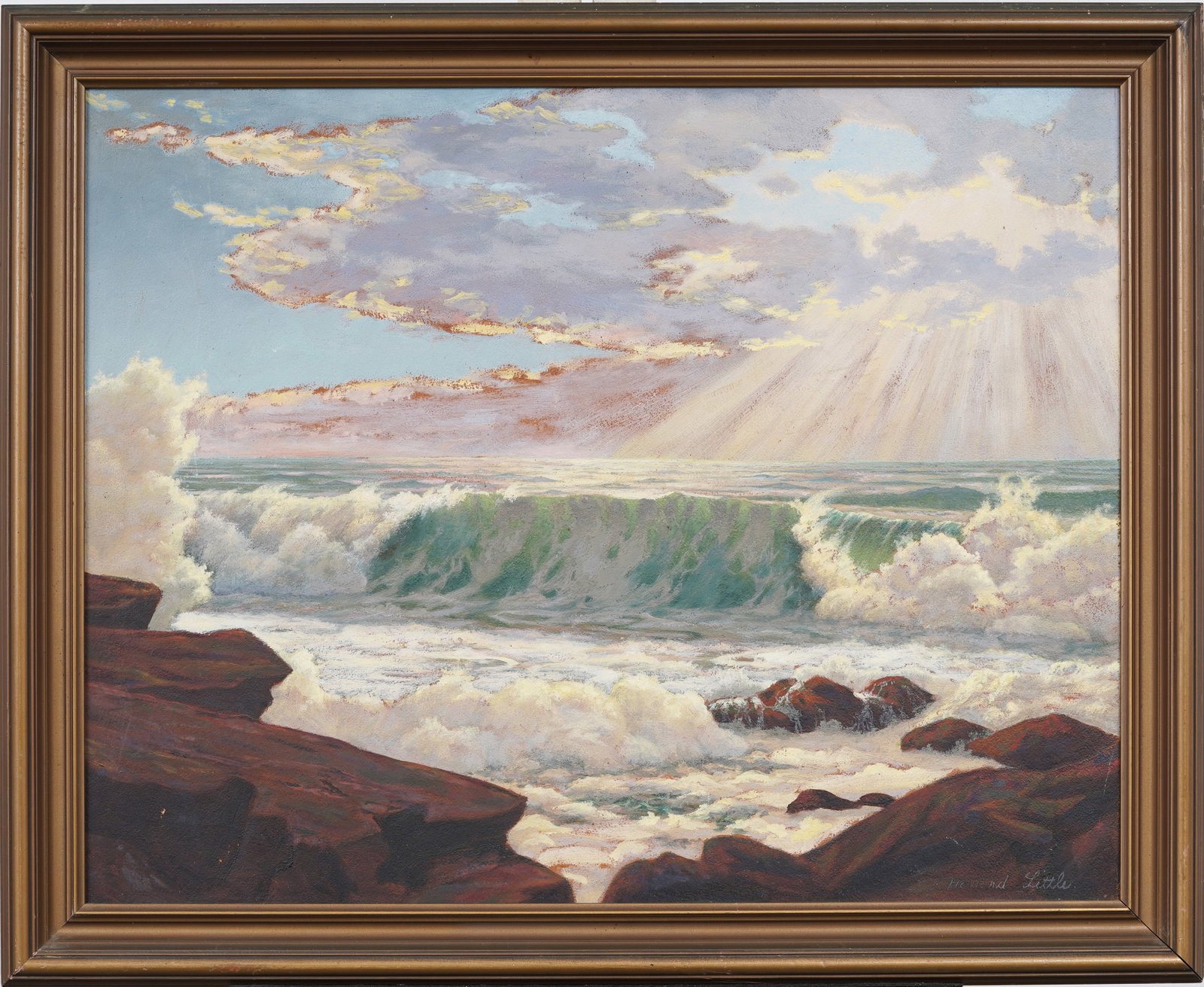 Howard Little (1883-1965) Antique La Jolla San Diego California Beach Seascape Sunburst Oil Painting: Signed, framed vintage Californian oil painting on board. Measuring: 24 by 29 inches overall, and 20 by 25 painting alone. Please see all images for condition. Size is measured and written on the back