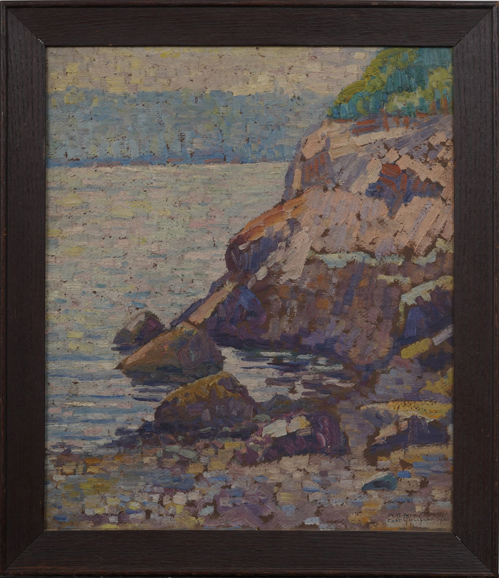 East Gloucester 1920 Signed Antique American Impressionist Rocky Coast Seascape Oil Painting: Framed antique American pointillist seascape oil painting on board. Measuring: 19 by 16 inches overall, and 16 by 13.5 painting alone. Please see all images for condition. Size is measured and written