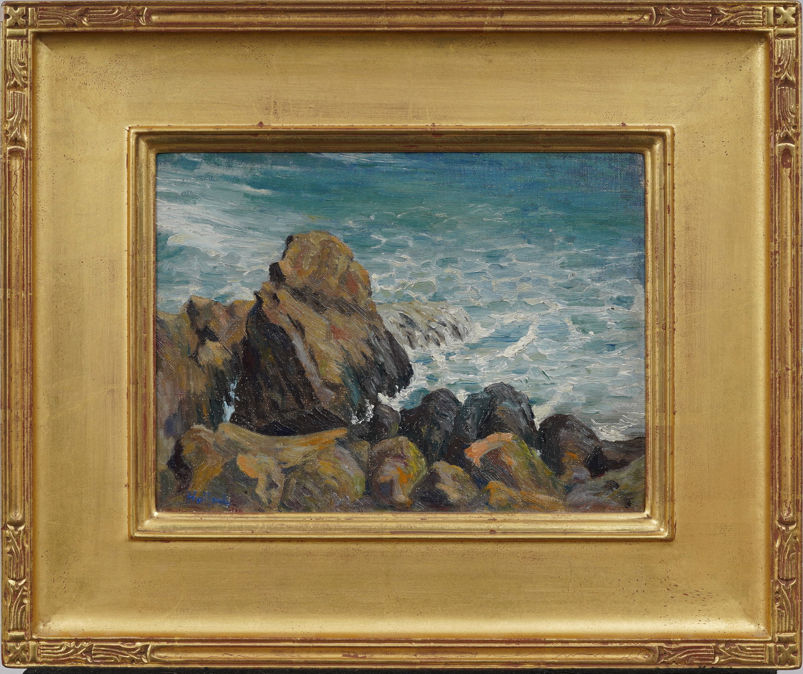 Vintage American Impressionist Crashing Surf Giltwood Framed Original Oil Painting Signed "Hulford": Signed, framed vintage American oil painting on board. Measuring: 16 by 19 inches overall, and 9 by 12 painting alone. Please see all images for condition. Size is measured and written on the back of 