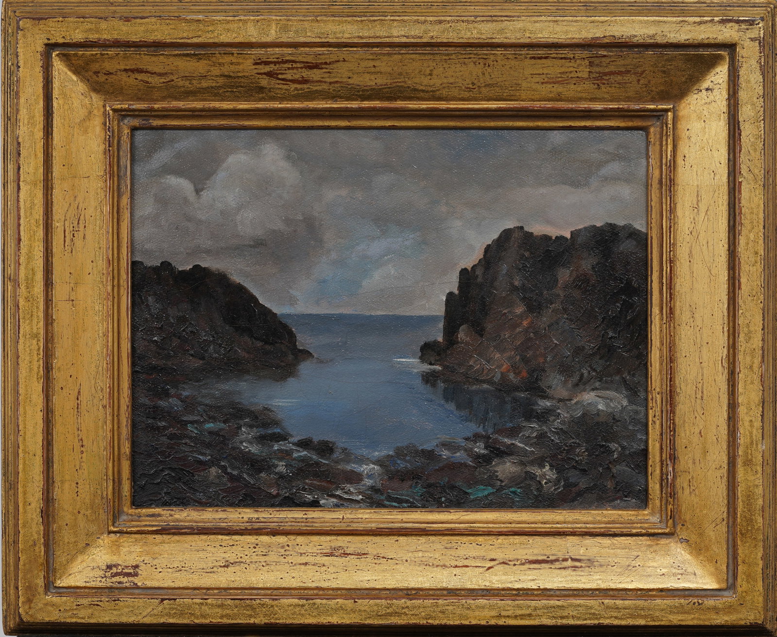 ATTR Robert Francis (b. 1893) Vintage 1935 N.Y. "Tranquil Harbor Scene" Framed Seascape Oil Painting: Signed, framed vintage American oil painting on canvas. Measuring: 15 by 18 inches overall, and 9.25 by 12.25 painting alone. Please see all images for condition. Size is measured and written on the b