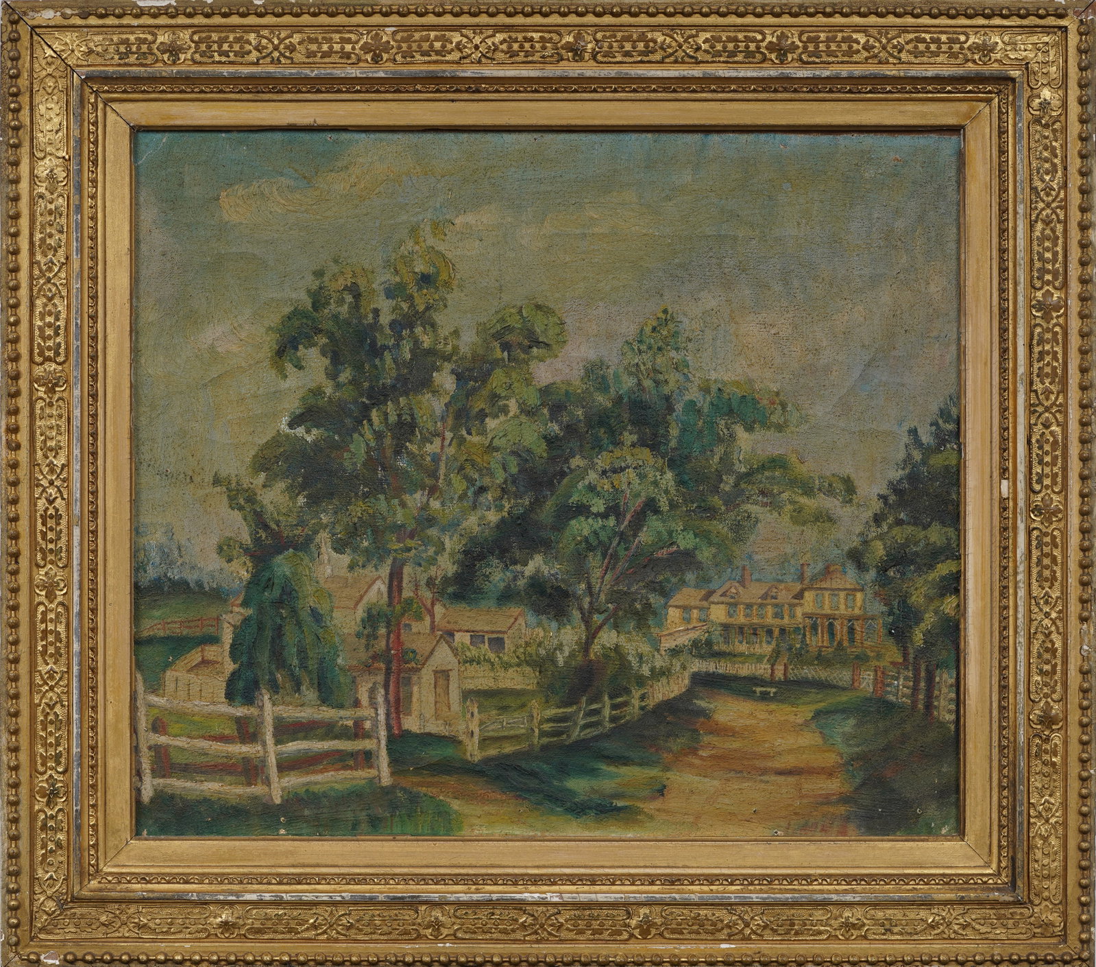 Antique Southern American Rural Stately Home Exterior Landscape Original Oil Painting: Framed antique American oil painting on canvas board. Measuring: XX by XX inches overall, and XX by XX painting alone. Please see all images for condition. Size is measured and written on the back of 