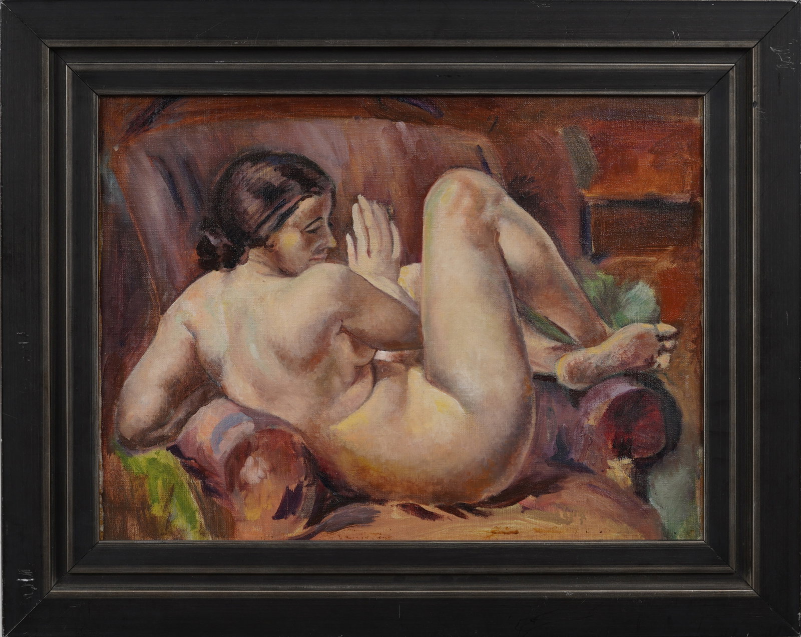 Excellent American Modernist Woman Nude Portrait Big Leather Armchair Original Framed Oil Painting: Framed vintage American oil painting on board. Measuring: 17 by 21 inches overall, and 12 by 16 painting alone. Please see all images for condition. Size is measured and written on the back of the pai