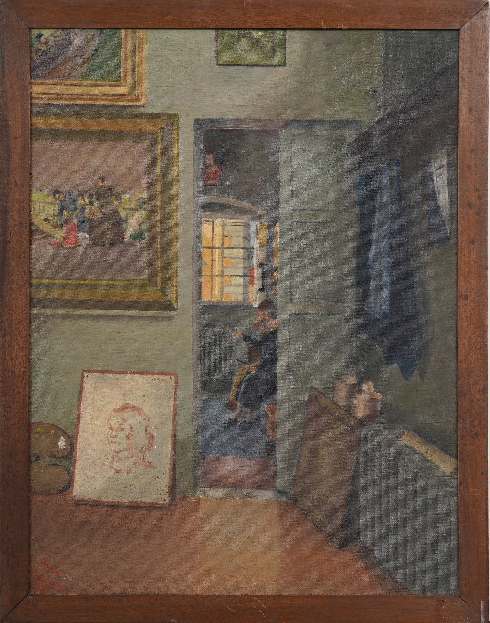 Art Filled Home Apartment Interior Vintage American Signed Original Oil Painting: Signed, framed vintage American oil painting on board. Measuring: 21 by 16 inches overall, and 19 by 14 painting alone. Please see all images for condition. Size is measured and written on the back of